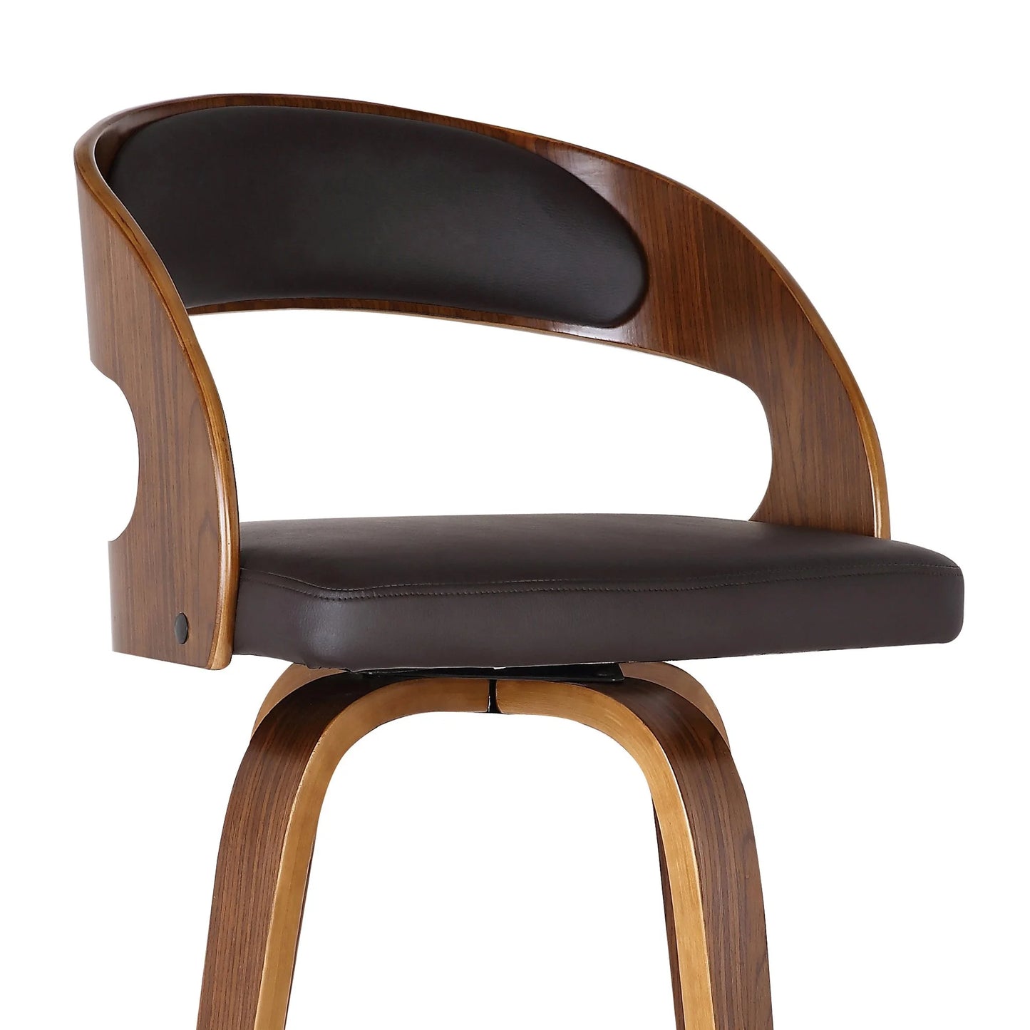 Brown, Walnut Faux Leather, Walnut Wood Armen Living Shelly 26" Seat Height Mid Century Modern Swivel Bar Stool for Kitchen Island Counter in Brown Faux Leather and Walnut Wood, Good Condition condition - View 10