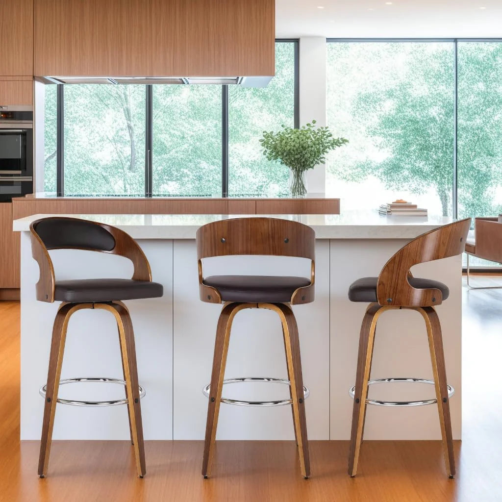 Brown, Walnut Faux Leather, Walnut Wood Armen Living Shelly 26" Seat Height Mid Century Modern Swivel Bar Stool for Kitchen Island Counter in Brown Faux Leather and Walnut Wood, Good Condition condition - View 3