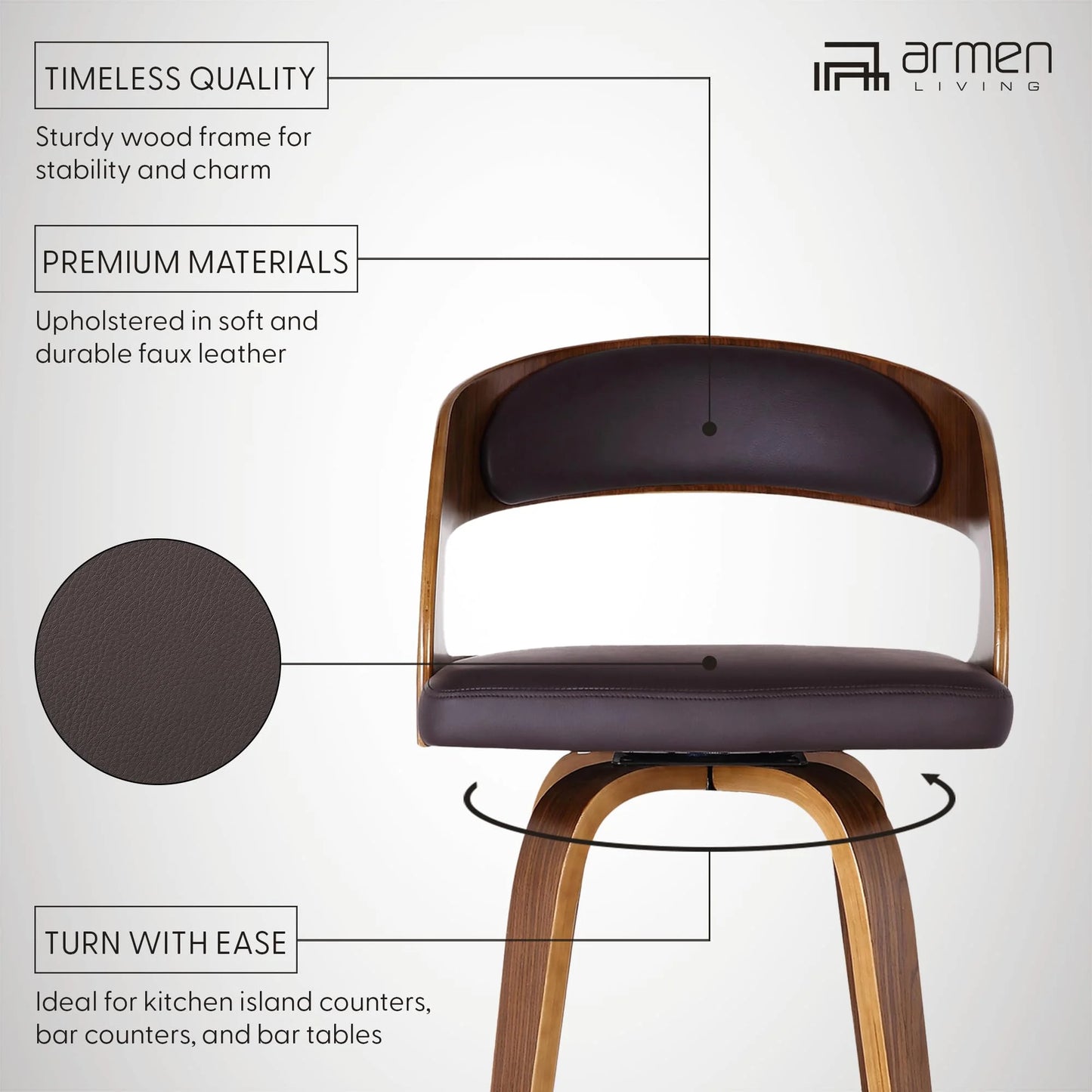 Brown, Walnut Faux Leather, Walnut Wood Armen Living Shelly 26" Seat Height Mid Century Modern Swivel Bar Stool for Kitchen Island Counter in Brown Faux Leather and Walnut Wood, Good Condition condition - View 4