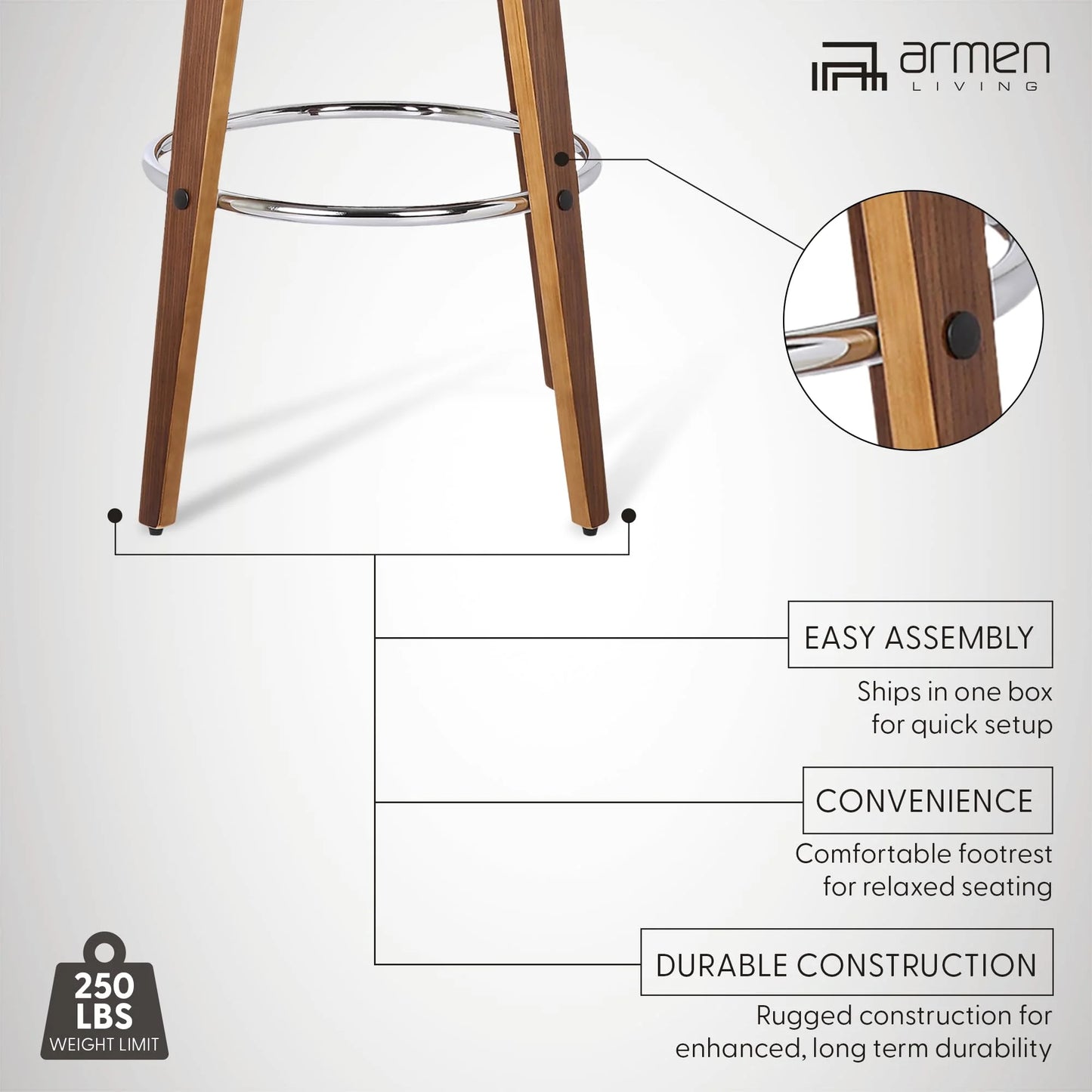 Brown, Walnut Faux Leather, Walnut Wood Armen Living Shelly 26" Seat Height Mid Century Modern Swivel Bar Stool for Kitchen Island Counter in Brown Faux Leather and Walnut Wood, Good Condition condition - View 5