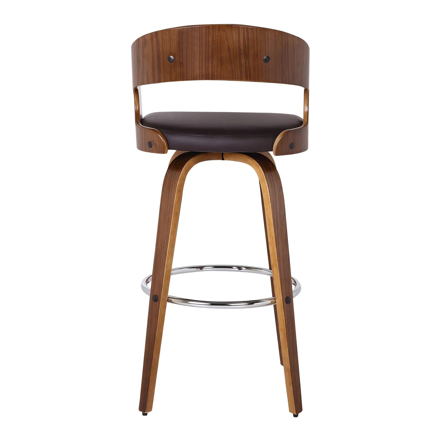 Brown, Walnut Faux Leather, Walnut Wood Armen Living Shelly 26" Seat Height Mid Century Modern Swivel Bar Stool for Kitchen Island Counter in Brown Faux Leather and Walnut Wood, Good Condition condition - View 7