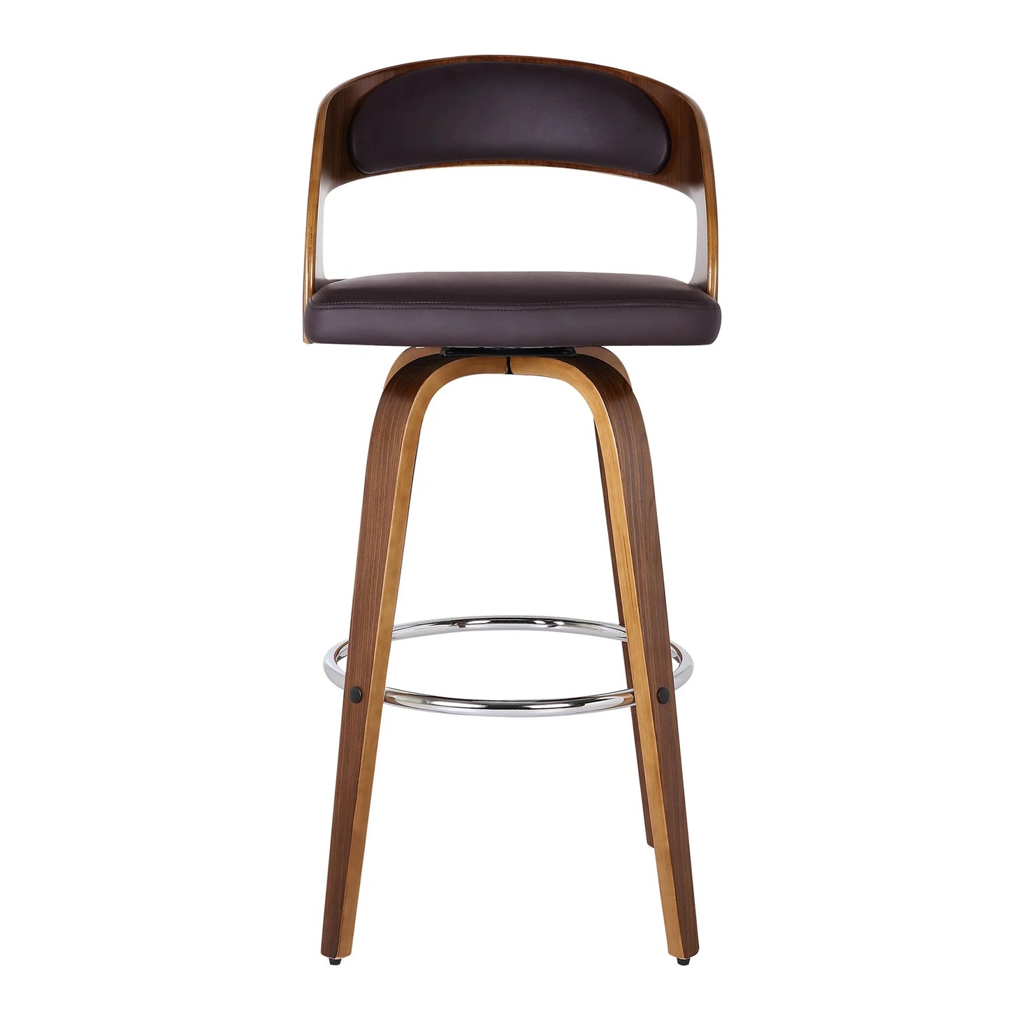 Brown, Walnut Faux Leather, Walnut Wood Armen Living Shelly 26" Seat Height Mid Century Modern Swivel Bar Stool for Kitchen Island Counter in Brown Faux Leather and Walnut Wood, Good Condition condition - View 8