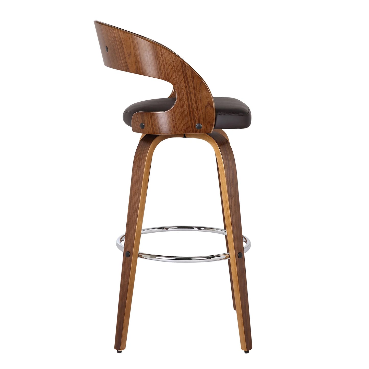 Brown, Walnut Faux Leather, Walnut Wood Armen Living Shelly 26" Seat Height Mid Century Modern Swivel Bar Stool for Kitchen Island Counter in Brown Faux Leather and Walnut Wood, Good Condition condition - View 9