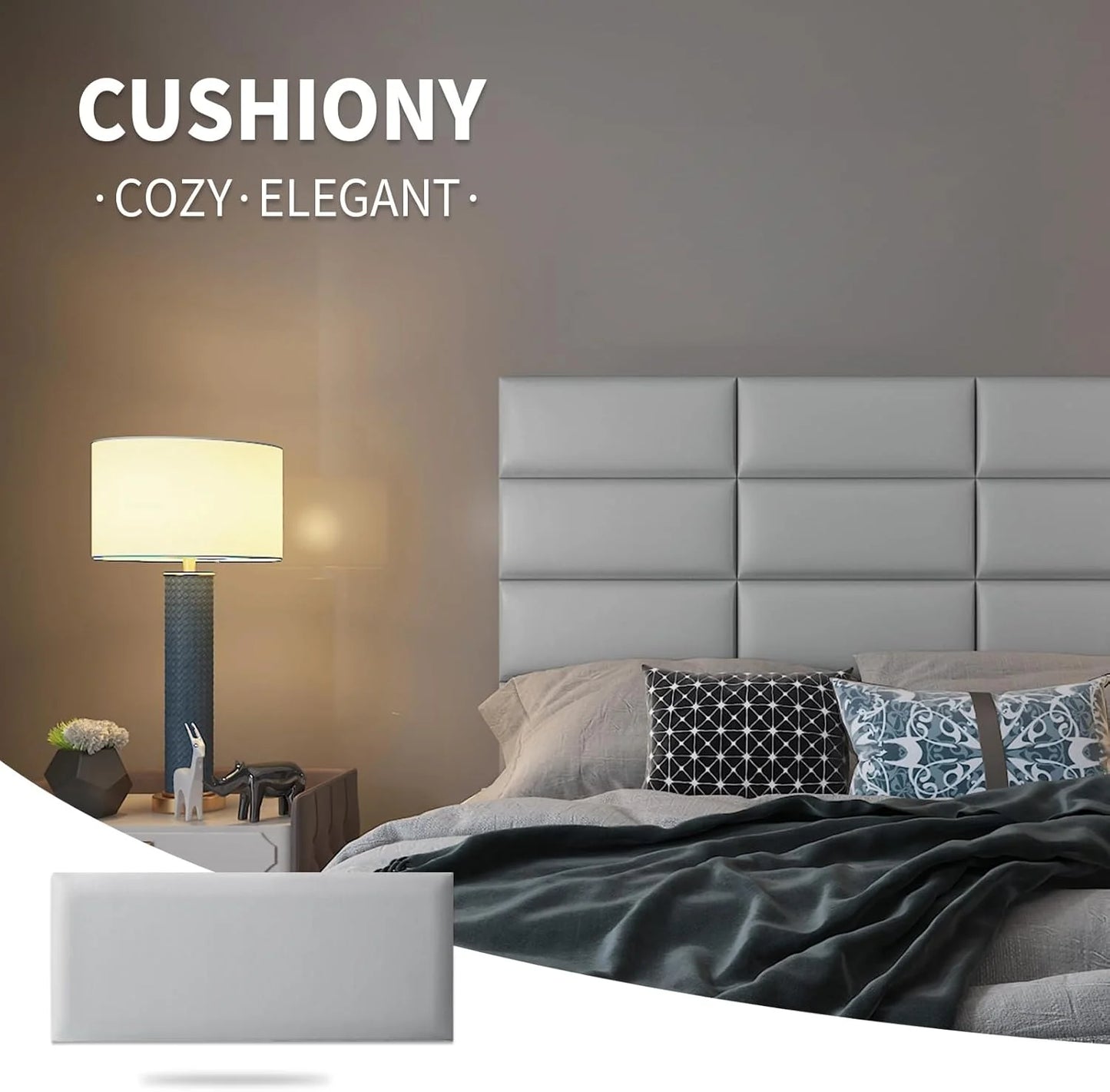 Grey Soundproof fabric Art3d Peel and Stick Headboard for Full and Queen in Grey, Pack of 9 Panels Sized 9.84" x 23.62", 3D Soundproof Wall Panels, Upholstered Wall Panel, Brand New condition - View 4
