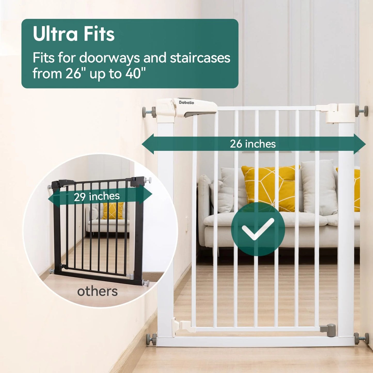 White Sturdy Construction Babelio Baby Gate for Doorways and Stairs, 26''-40'' Auto Close Dog/Puppy Gate, Easy Install, Pressure Mounted, No Drilling, fits for Narrow and Wide Doorways, Safety Gate w/Door for Child and Pets, As Is condition - View 3