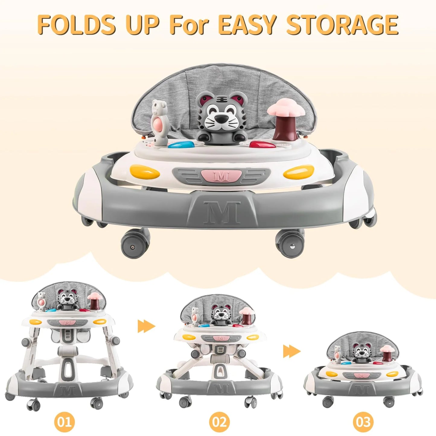 Grey Plastic, Metal Baby Walker, 4-in-1 Foldable Baby Walkers and Baby Activity Center with Toys Tray, 3-gear Height Adjustable Infant Toddler Baby Walker with Wheels for Baby Boys and Girls 6-24 Months (Grey), Brand New condition - View 4