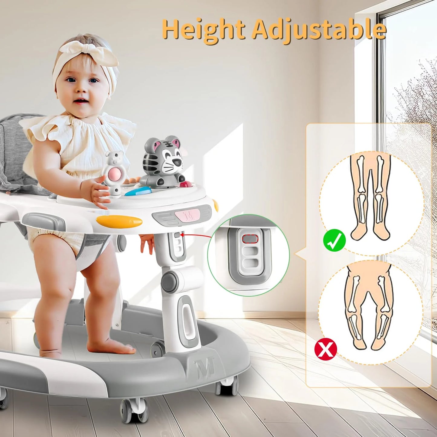 Grey Plastic, Metal Baby Walker, 4-in-1 Foldable Baby Walkers and Baby Activity Center with Toys Tray, 3-gear Height Adjustable Infant Toddler Baby Walker with Wheels for Baby Boys and Girls 6-24 Months (Grey), Brand New condition - View 5