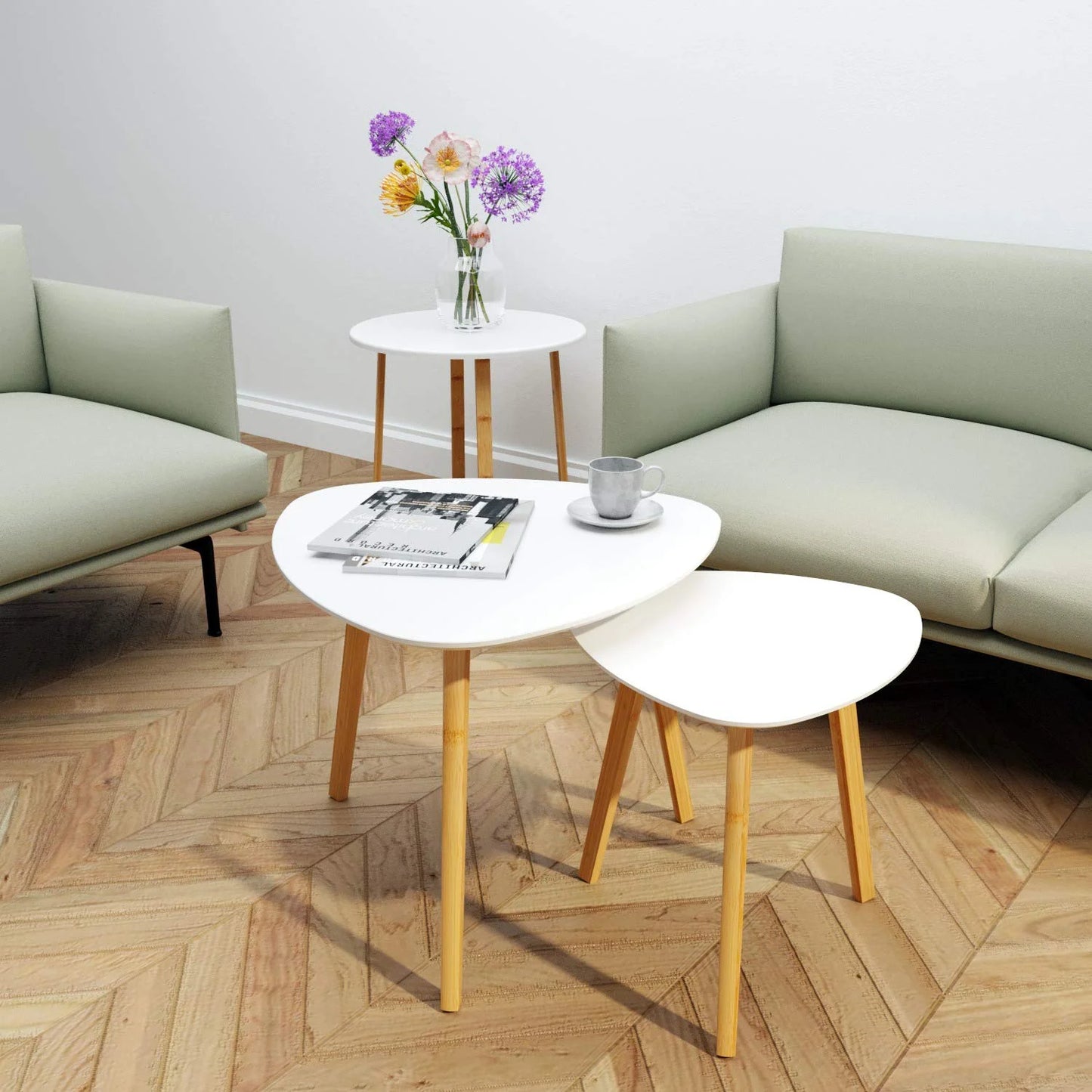 White Bamboo BAMEOS Bamboo Nesting Triangle End Table,Set of 2 Coffee Table Modern Minimalist Side Table for Living Room, Balcony in White, Good Condition condition - View 10
