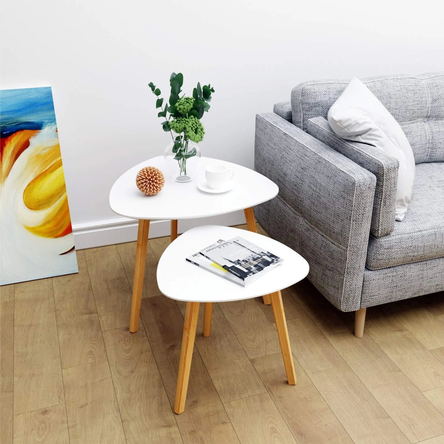 White Bamboo BAMEOS Bamboo Nesting Triangle End Table,Set of 2 Coffee Table Modern Minimalist Side Table for Living Room, Balcony in White, Good Condition condition - View 5