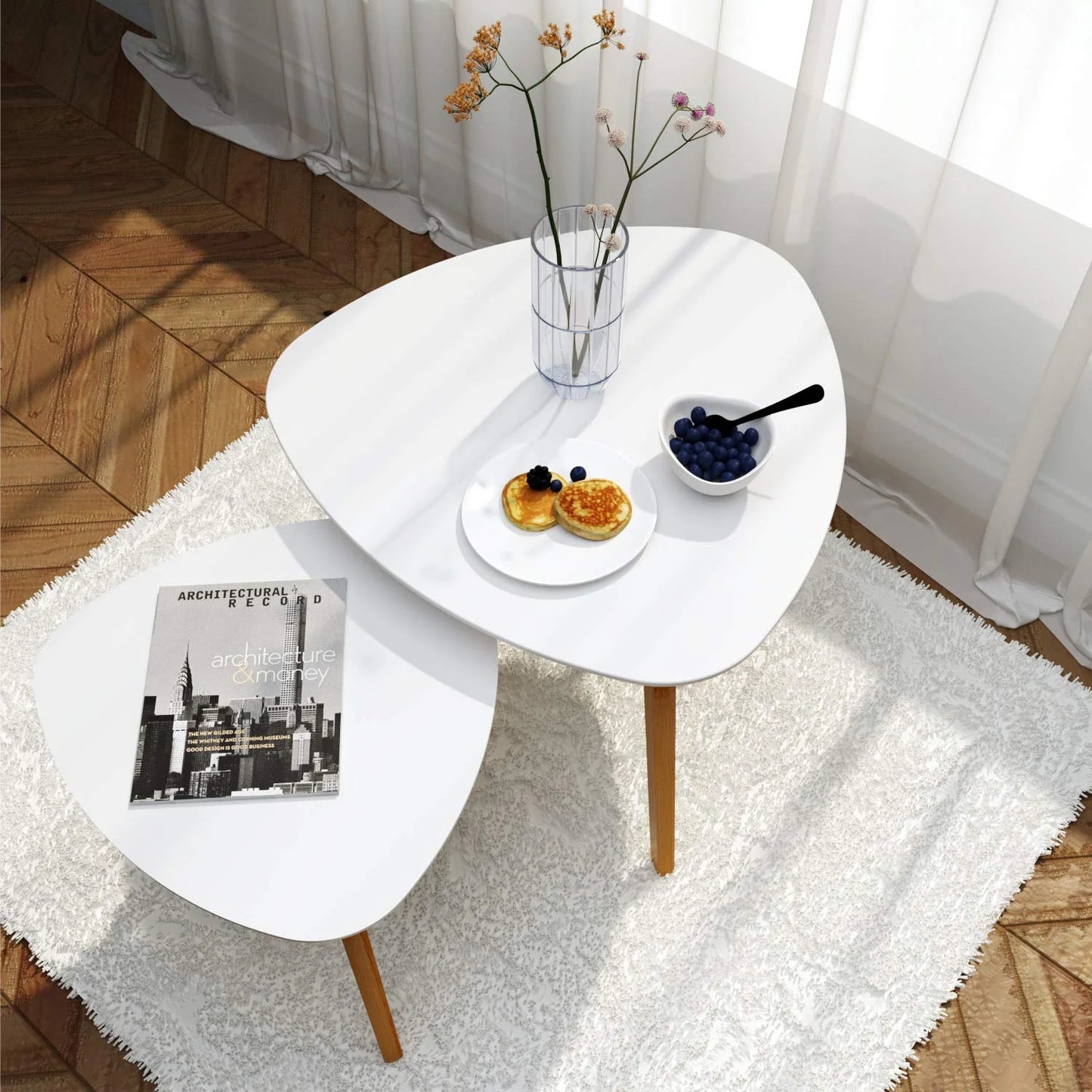 White Bamboo BAMEOS Bamboo Nesting Triangle End Table,Set of 2 Coffee Table Modern Minimalist Side Table for Living Room, Balcony in White, Good Condition condition - View 7