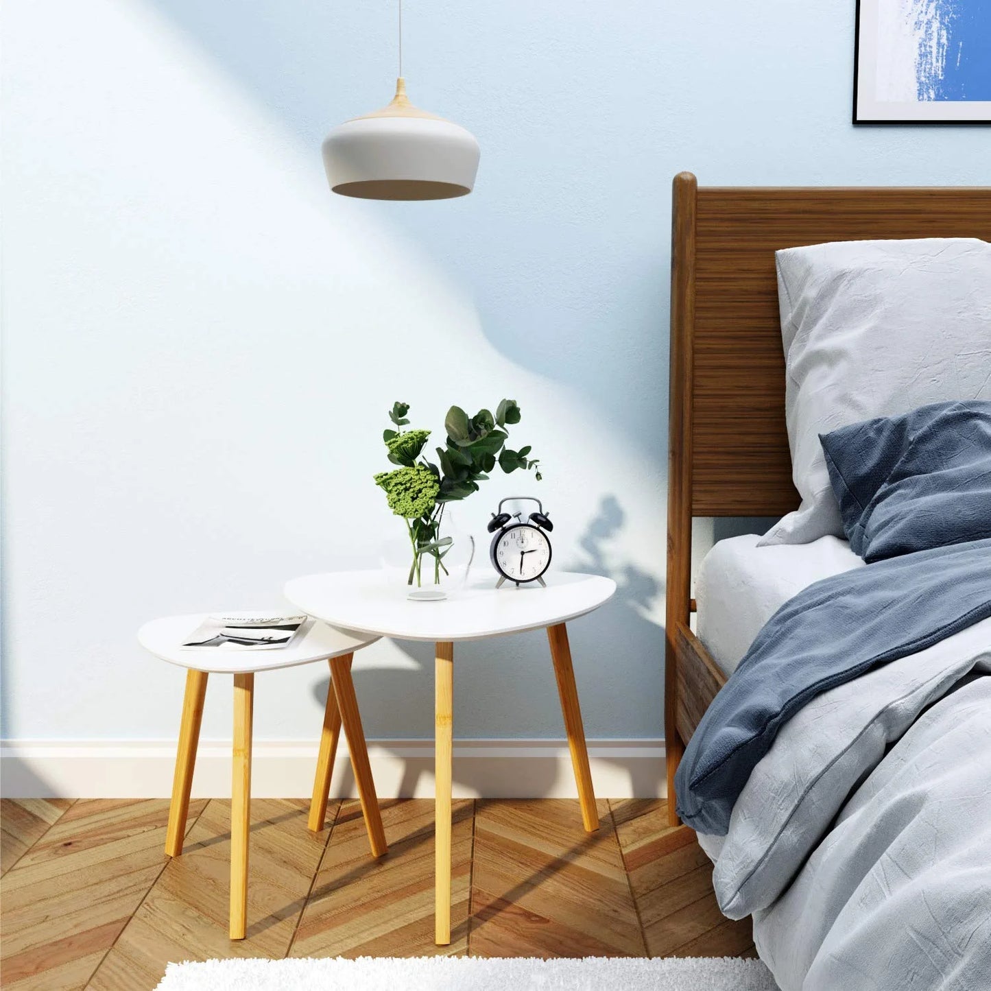 White Bamboo BAMEOS Bamboo Nesting Triangle End Table,Set of 2 Coffee Table Modern Minimalist Side Table for Living Room, Balcony in White, Good Condition condition - View 8