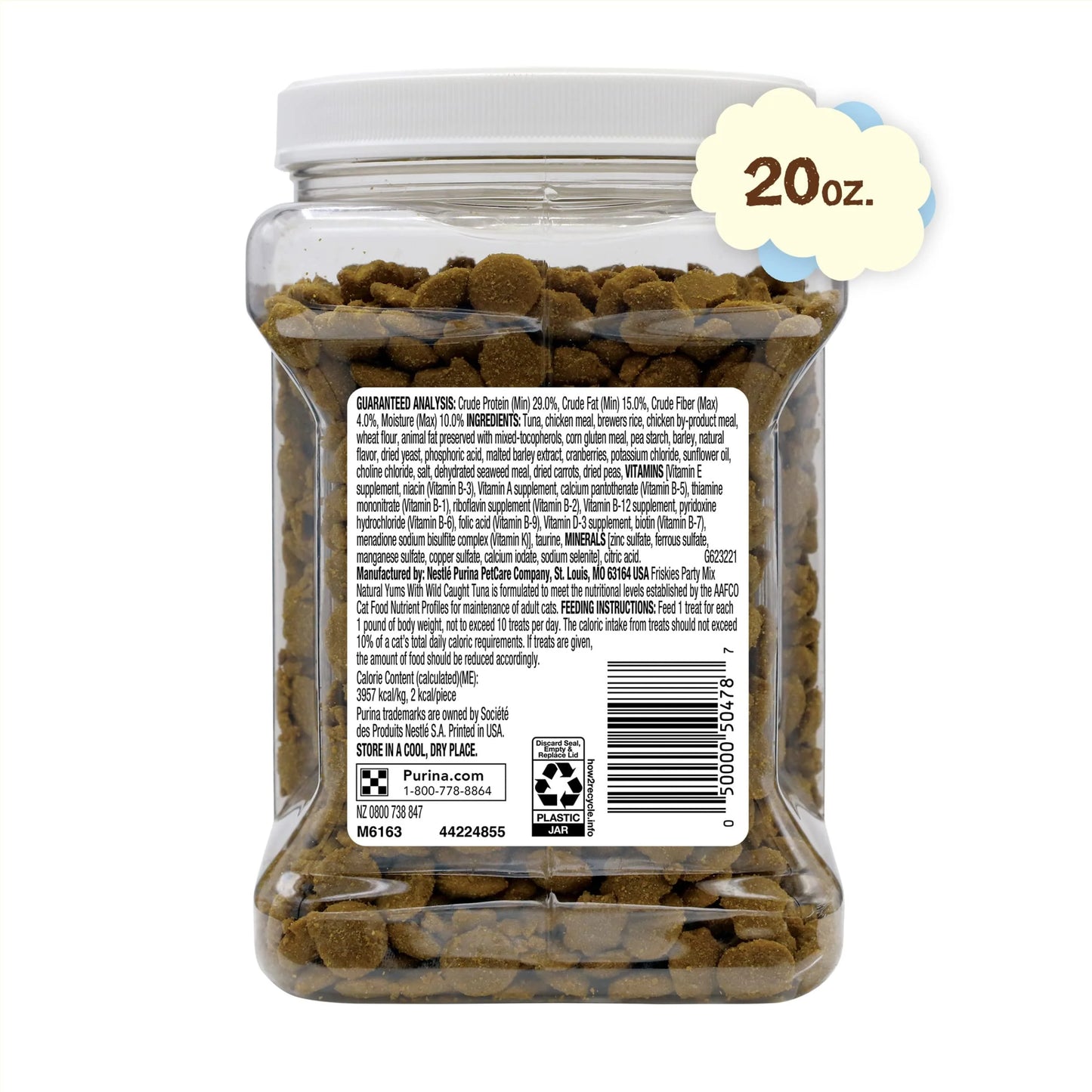 product Purina Friskies Natural Cat Treats, Party Mix Natural Yums With Wild Caught Tuna and added vitamins, minerals and nutrients - 20 oz. Canister, Brand New condition - View 8