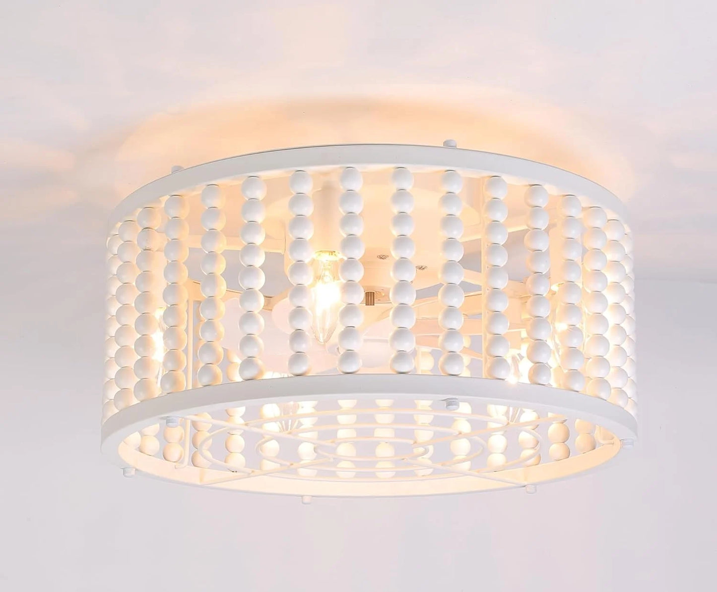 White Wood, Metal Caged Ceiling Fans with Lights, 18'' Boho Wood Beads Fandelier Ceiling Fan Light with Remote, Low Profile, 6 Speeds, Flush Mount Ceiling Fan for Bedroom Nursery Room, White, Good Condition condition - View 2
