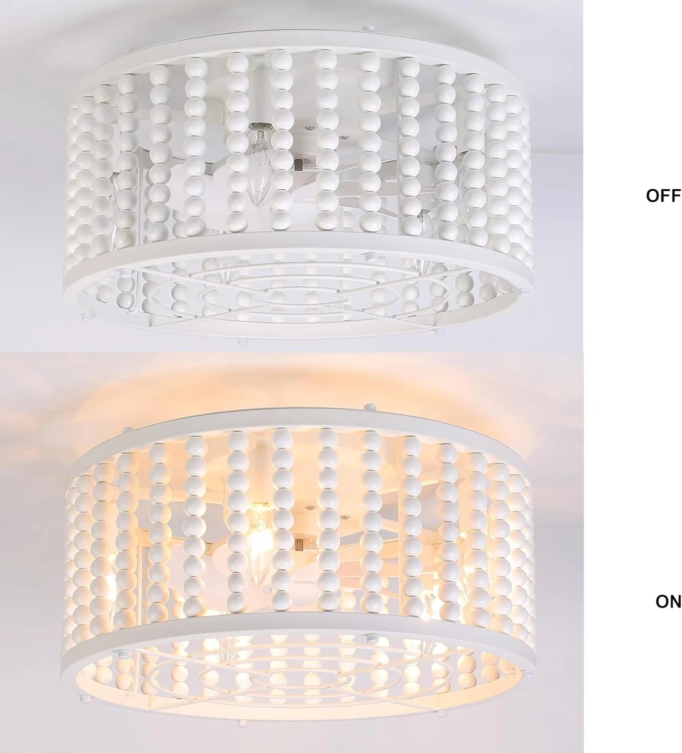 White Wood, Metal Caged Ceiling Fans with Lights, 18'' Boho Wood Beads Fandelier Ceiling Fan Light with Remote, Low Profile, 6 Speeds, Flush Mount Ceiling Fan for Bedroom Nursery Room, White, Good Condition condition - View 3