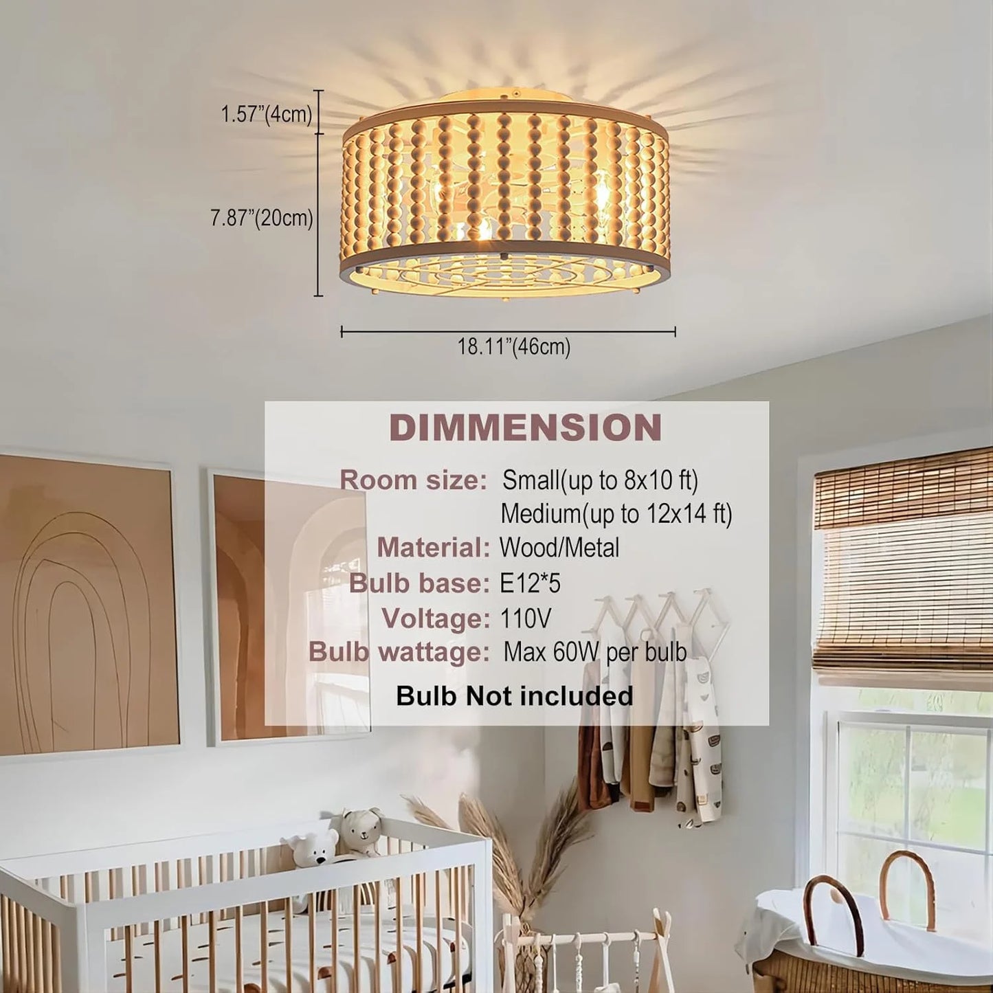 White Wood, Metal Caged Ceiling Fans with Lights, 18'' Boho Wood Beads Fandelier Ceiling Fan Light with Remote, Low Profile, 6 Speeds, Flush Mount Ceiling Fan for Bedroom Nursery Room, White, Good Condition condition - View 4