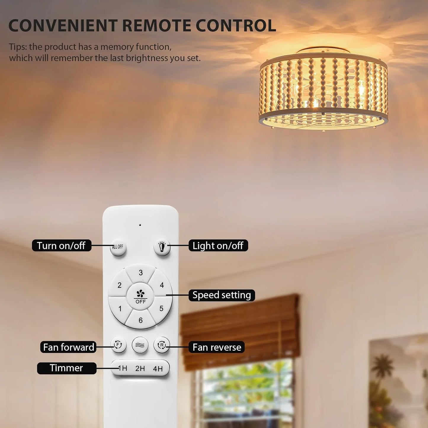 White Wood, Metal Caged Ceiling Fans with Lights, 18'' Boho Wood Beads Fandelier Ceiling Fan Light with Remote, Low Profile, 6 Speeds, Flush Mount Ceiling Fan for Bedroom Nursery Room, White, Good Condition condition - View 5