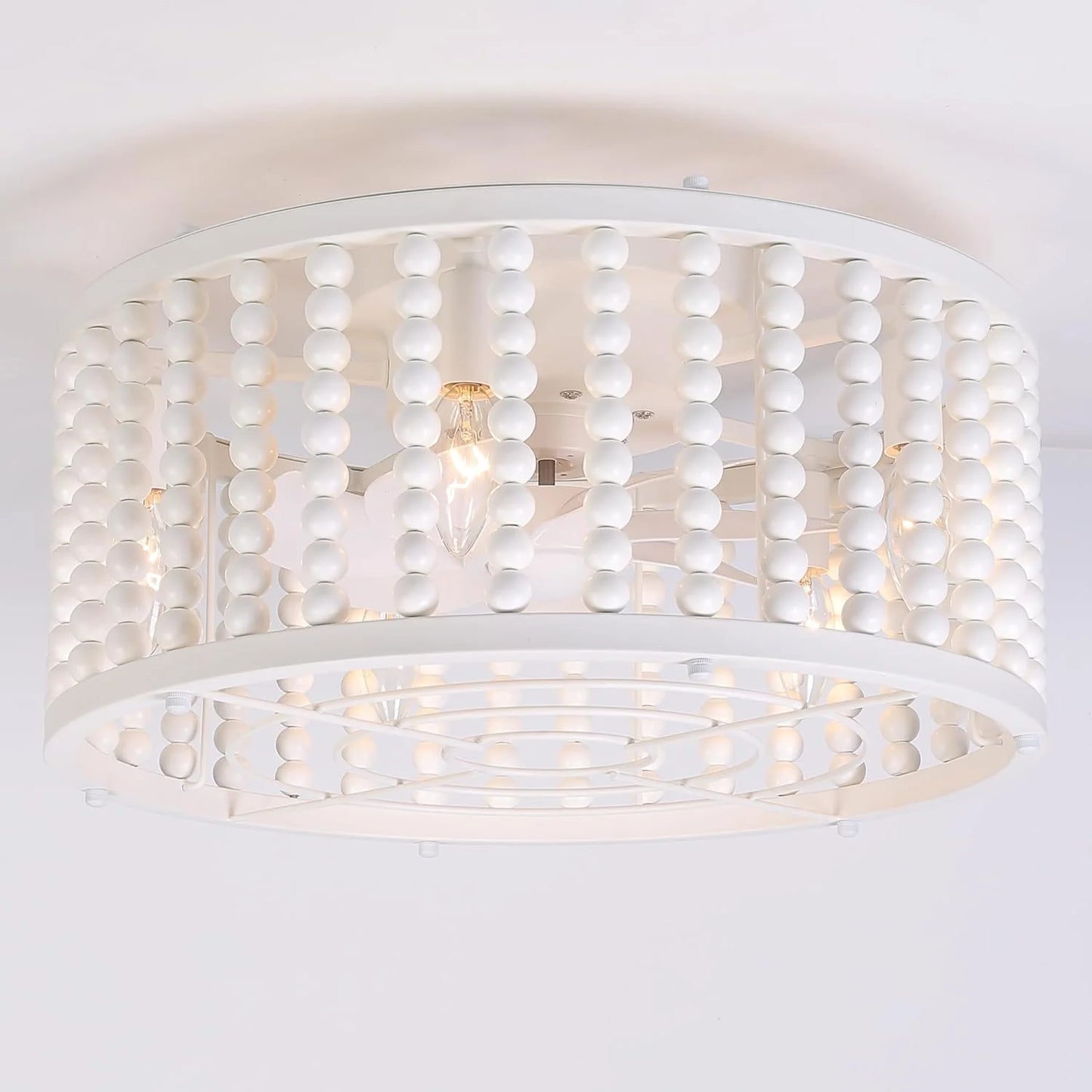 White Wood, Metal Caged Ceiling Fans with Lights, 18'' Boho Wood Beads Fandelier Ceiling Fan Light with Remote, Low Profile, 6 Speeds, Flush Mount Ceiling Fan for Bedroom Nursery Room, White, Good Condition condition - View 8