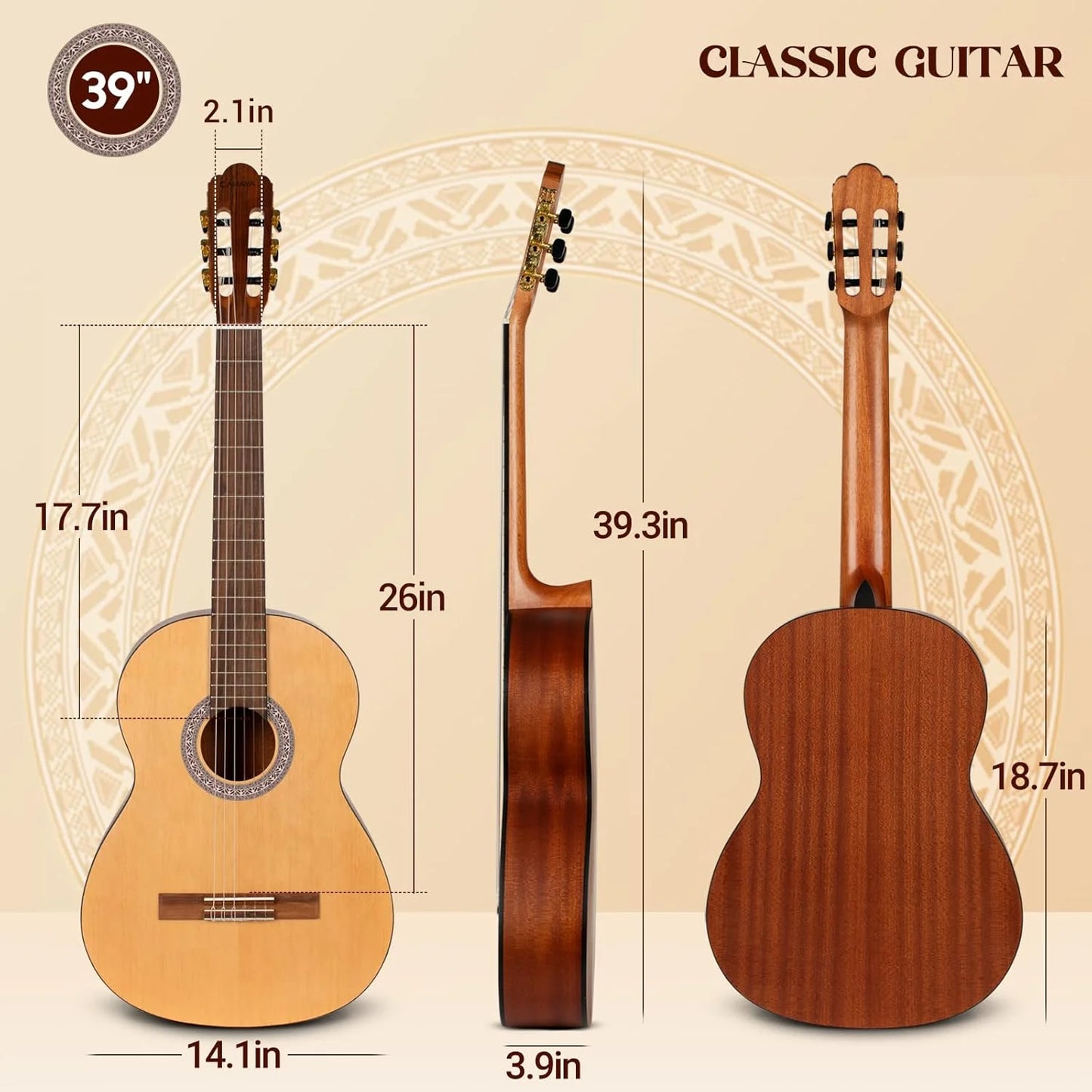 Natural Wood, Nylon CAHAYA Classical Guitar Beginner Kit 39 Inch for Kids Teenager Adults with 0.4? Thick Padded Gig Bag Full Size Model: CY0269, Good Condition condition - View 8