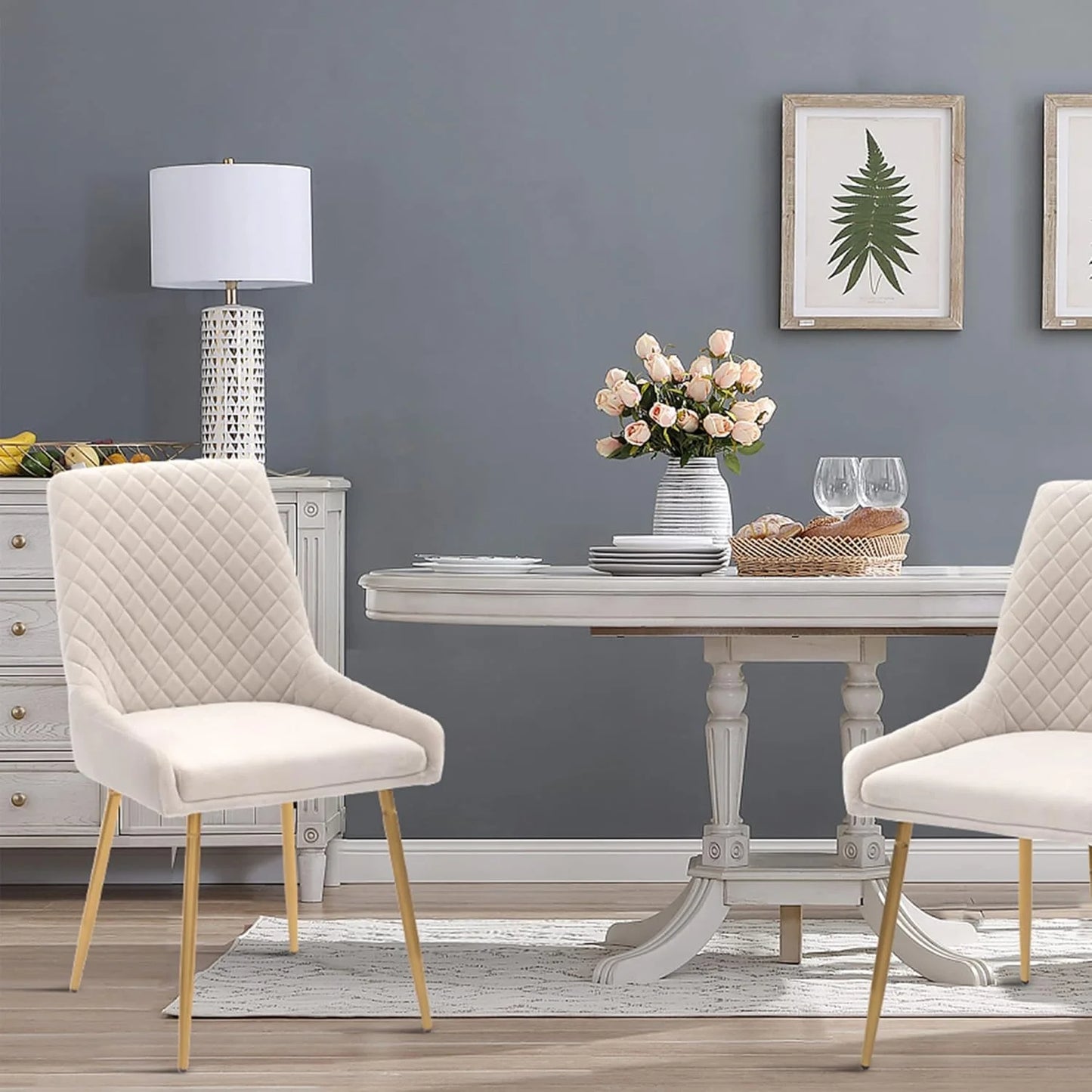 Beige Velvet, Metal CangLong Mid-Century Velvet Upholstered Metal Legs for Kitchen, Dining, Living, Guest, Bed Room Side Chair, Set of 2, Beige, Good Condition condition - View 4
