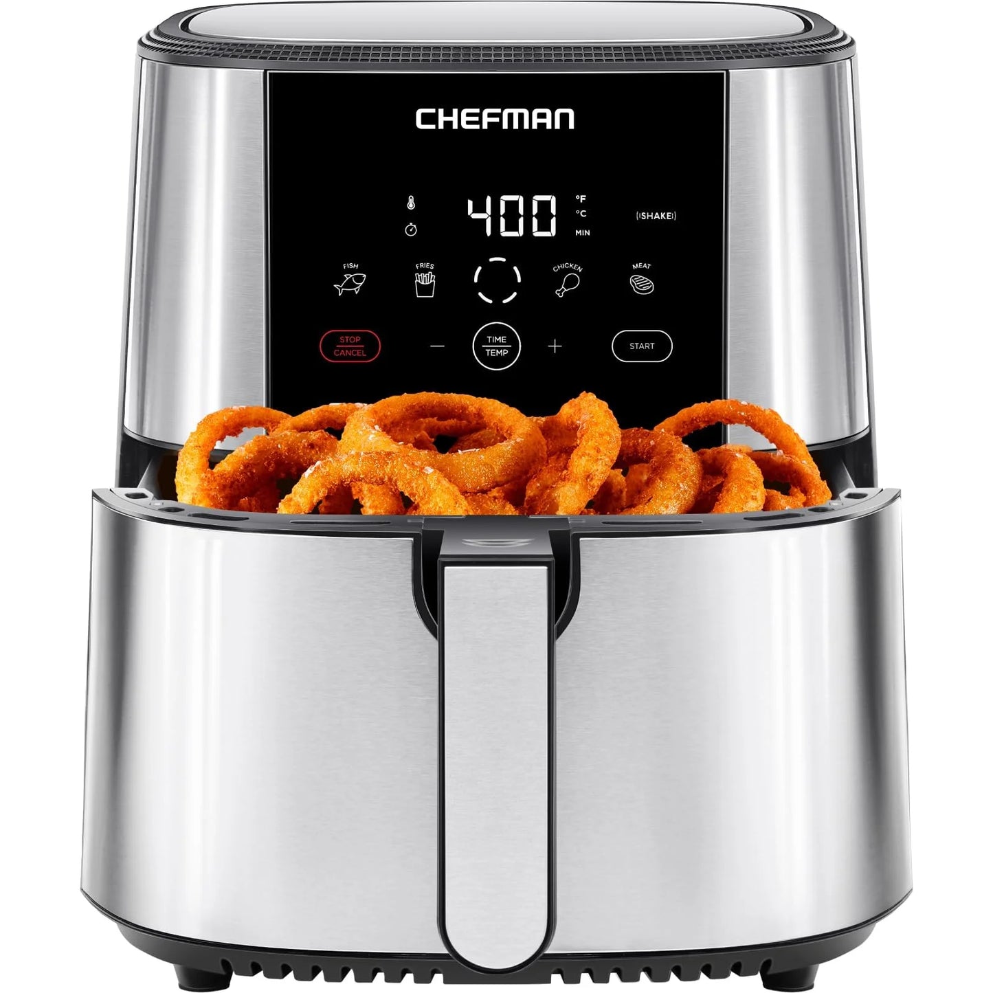 Silver Stainless Steel Chefman TurboFry® Touch Air Fryer, XL 8-Qt Family Size, One-Touch Digital Control Presets, French Fries, Chicken, Meat, Fish, Nonstick Dishwasher-Safe Parts, Automatic Shutoff, Stainless Steel, Good Condition condition - View 1