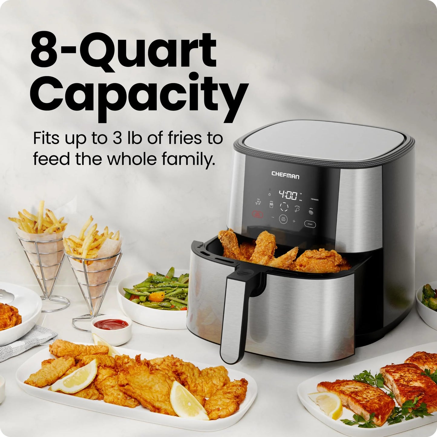 Silver Stainless Steel Chefman TurboFry® Touch Air Fryer, XL 8-Qt Family Size, One-Touch Digital Control Presets, French Fries, Chicken, Meat, Fish, Nonstick Dishwasher-Safe Parts, Automatic Shutoff, Stainless Steel, Good Condition condition - View 4
