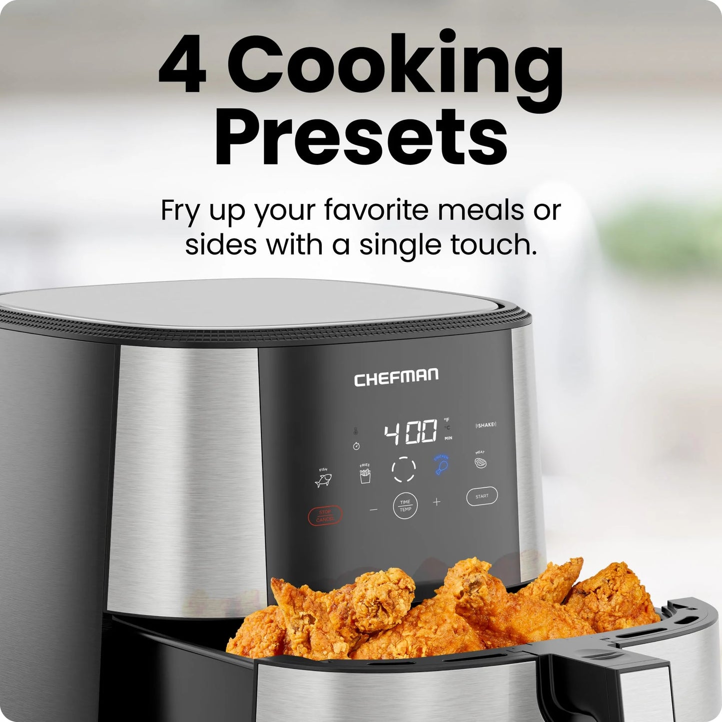 Silver Stainless Steel Chefman TurboFry® Touch Air Fryer, XL 8-Qt Family Size, One-Touch Digital Control Presets, French Fries, Chicken, Meat, Fish, Nonstick Dishwasher-Safe Parts, Automatic Shutoff, Stainless Steel, Good Condition condition - View 6
