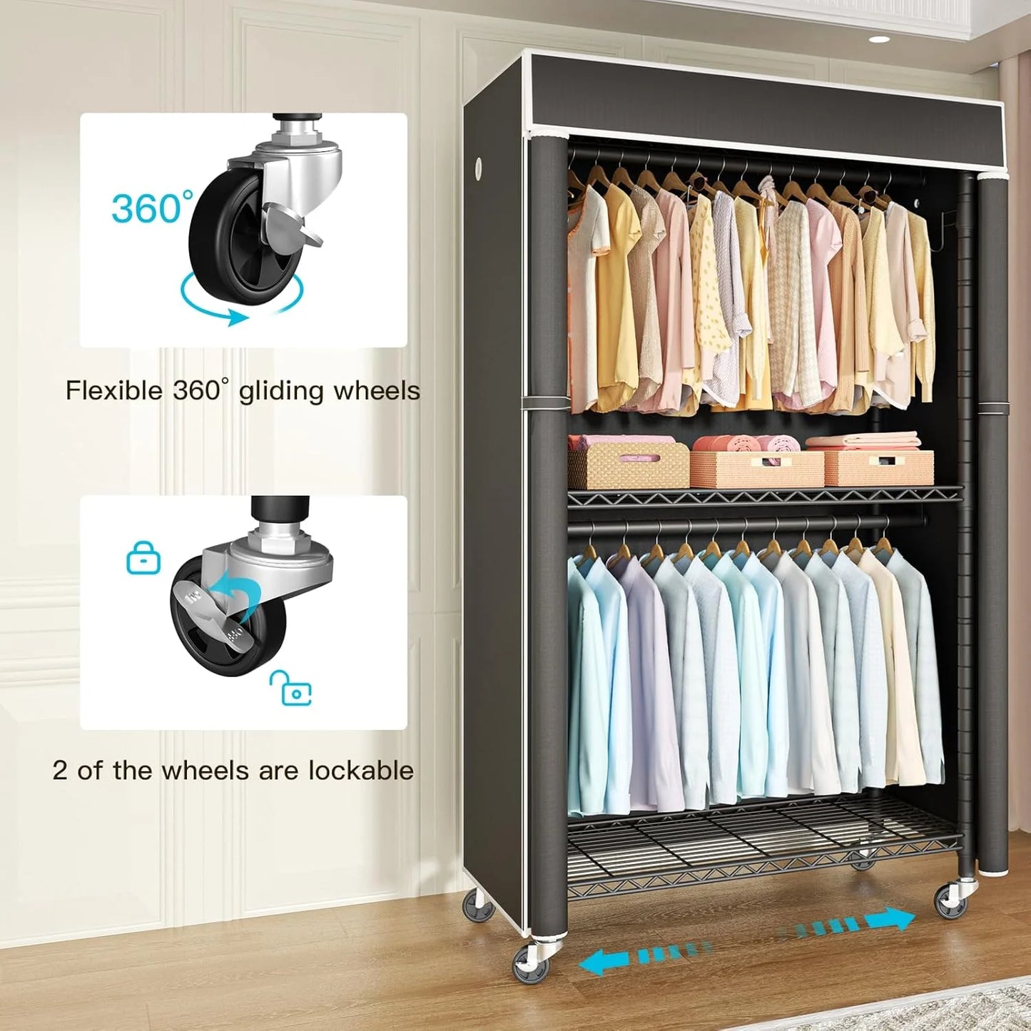 Black Metal Clothing Rack with Cover, P1C Rolling Closet Rack with Wheels, Metal Garment Rack for Hanging Clothes, Clothing Storage Wardrobe with Cover, 36.2"W x 16.5"D x 80.5"H, Black, Load 450 Pounds Black Rack With Black Cover, Good Condition condition - View 2