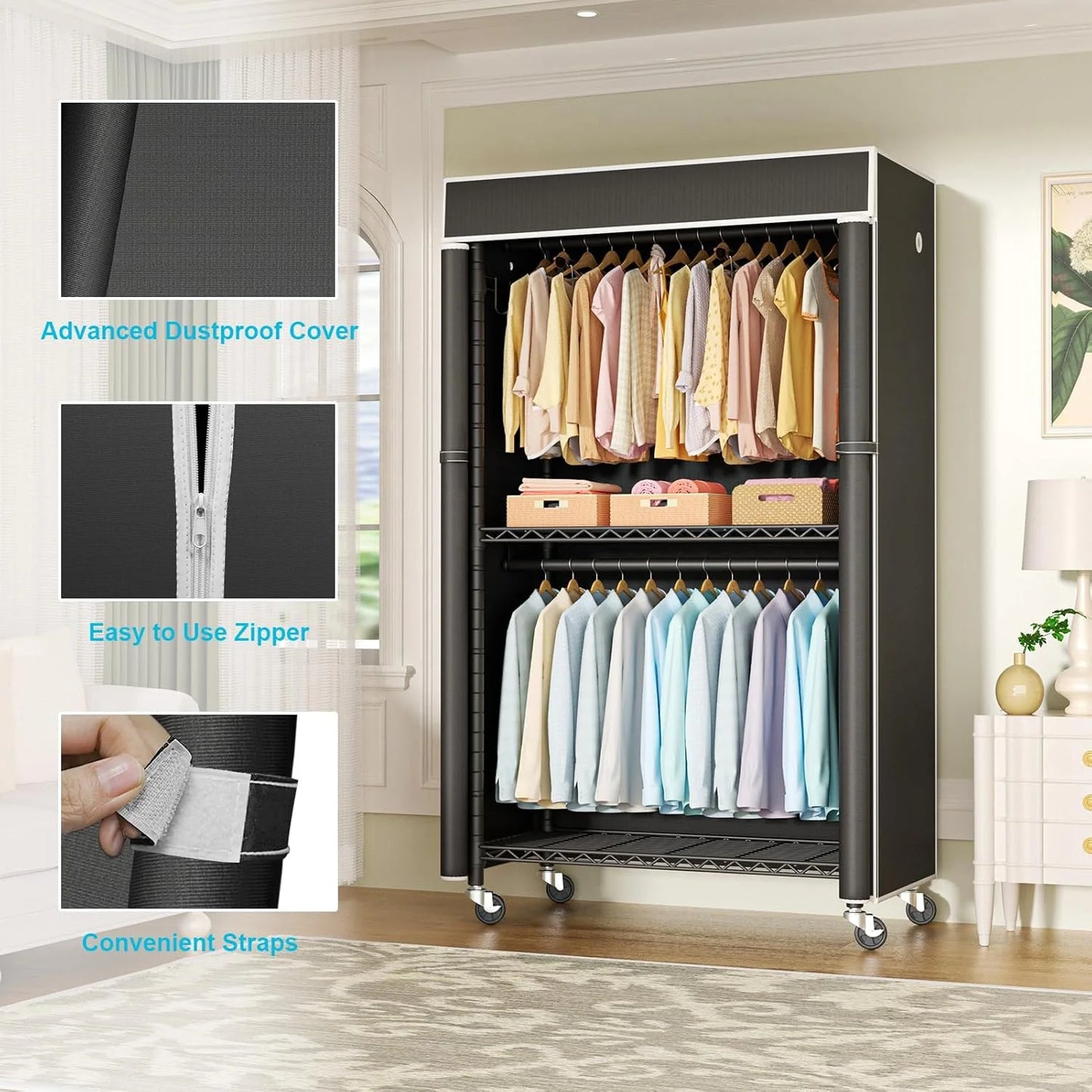 Black Metal Clothing Rack with Cover, P1C Rolling Closet Rack with Wheels, Metal Garment Rack for Hanging Clothes, Clothing Storage Wardrobe with Cover, 36.2"W x 16.5"D x 80.5"H, Black, Load 450 Pounds Black Rack With Black Cover, Good Condition condition - View 3