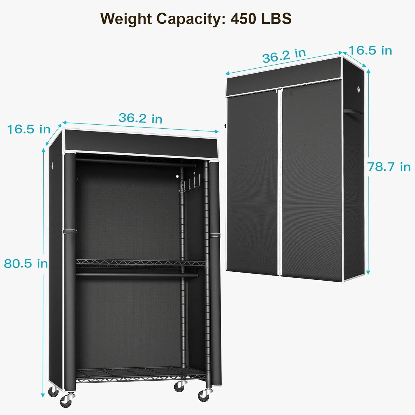 Black Metal Clothing Rack with Cover, P1C Rolling Closet Rack with Wheels, Metal Garment Rack for Hanging Clothes, Clothing Storage Wardrobe with Cover, 36.2"W x 16.5"D x 80.5"H, Black, Load 450 Pounds Black Rack With Black Cover, Good Condition condition - View 5