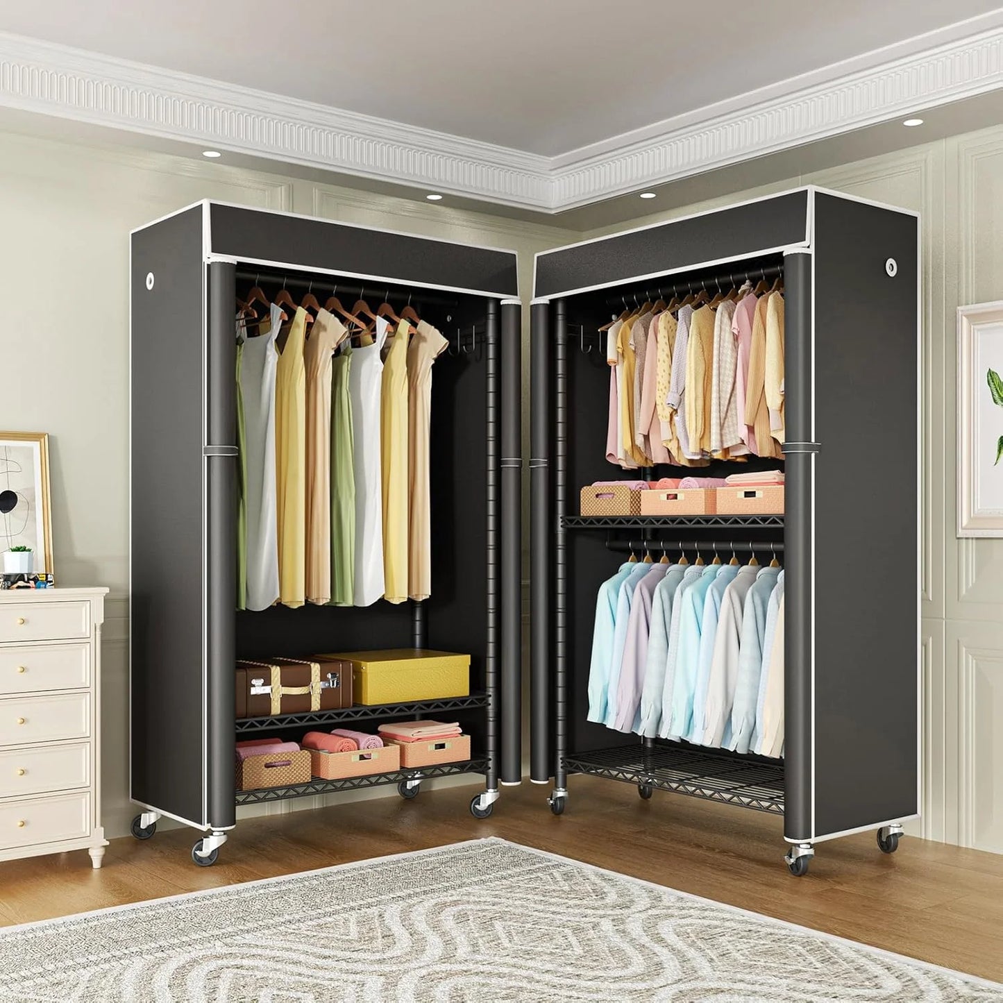 Black Metal Clothing Rack with Cover, P1C Rolling Closet Rack with Wheels, Metal Garment Rack for Hanging Clothes, Clothing Storage Wardrobe with Cover, 36.2"W x 16.5"D x 80.5"H, Black, Load 450 Pounds Black Rack With Black Cover, Good Condition condition - View 6