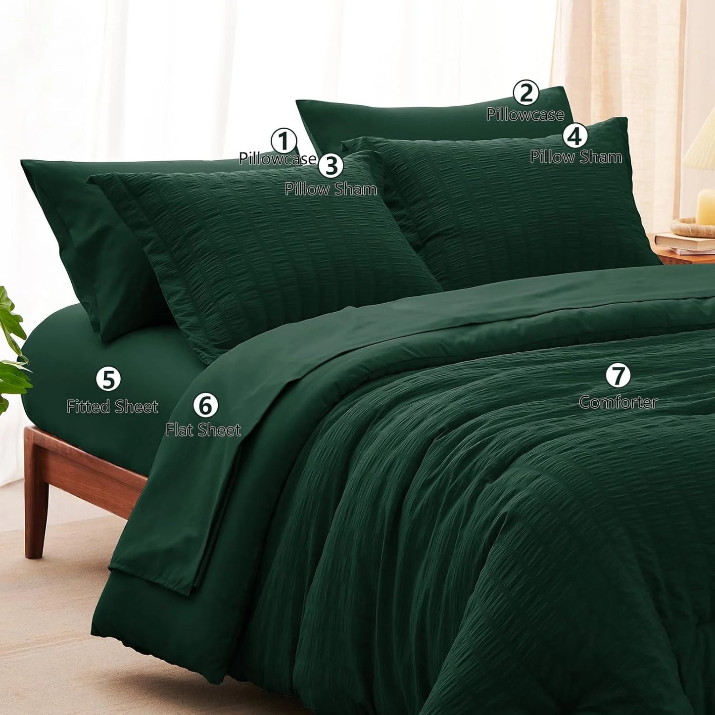 Emerald Green Seersucker Fabric CozyLux Full Seersucker Comforter Set with Emerald Green Bed in a Bag 7-Piece All Season Bedding Set with Comforter, Pillow Sham, Flat Sheet, Fitted Sheet, Pillowcase, Good Condition condition - View 10