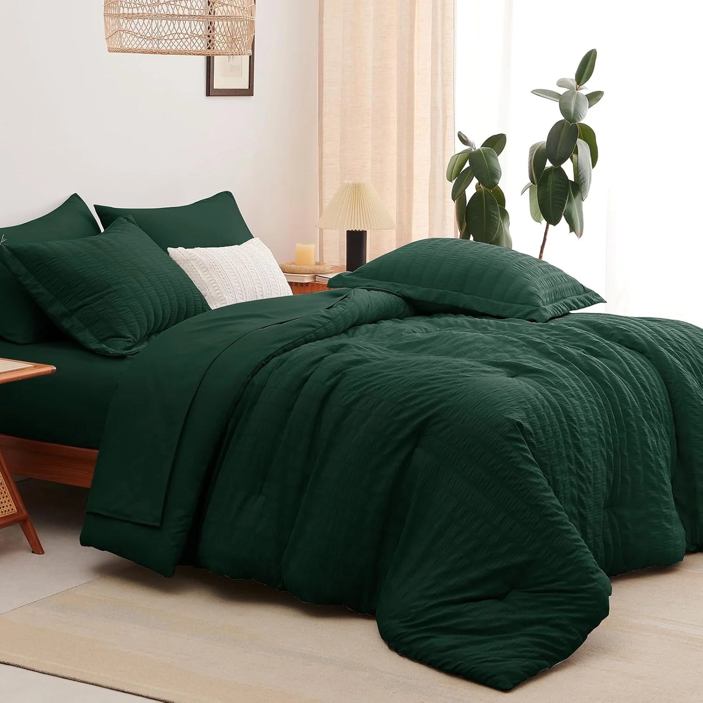 Emerald Green Seersucker Fabric CozyLux Full Seersucker Comforter Set with Emerald Green Bed in a Bag 7-Piece All Season Bedding Set with Comforter, Pillow Sham, Flat Sheet, Fitted Sheet, Pillowcase, Good Condition condition - View 11