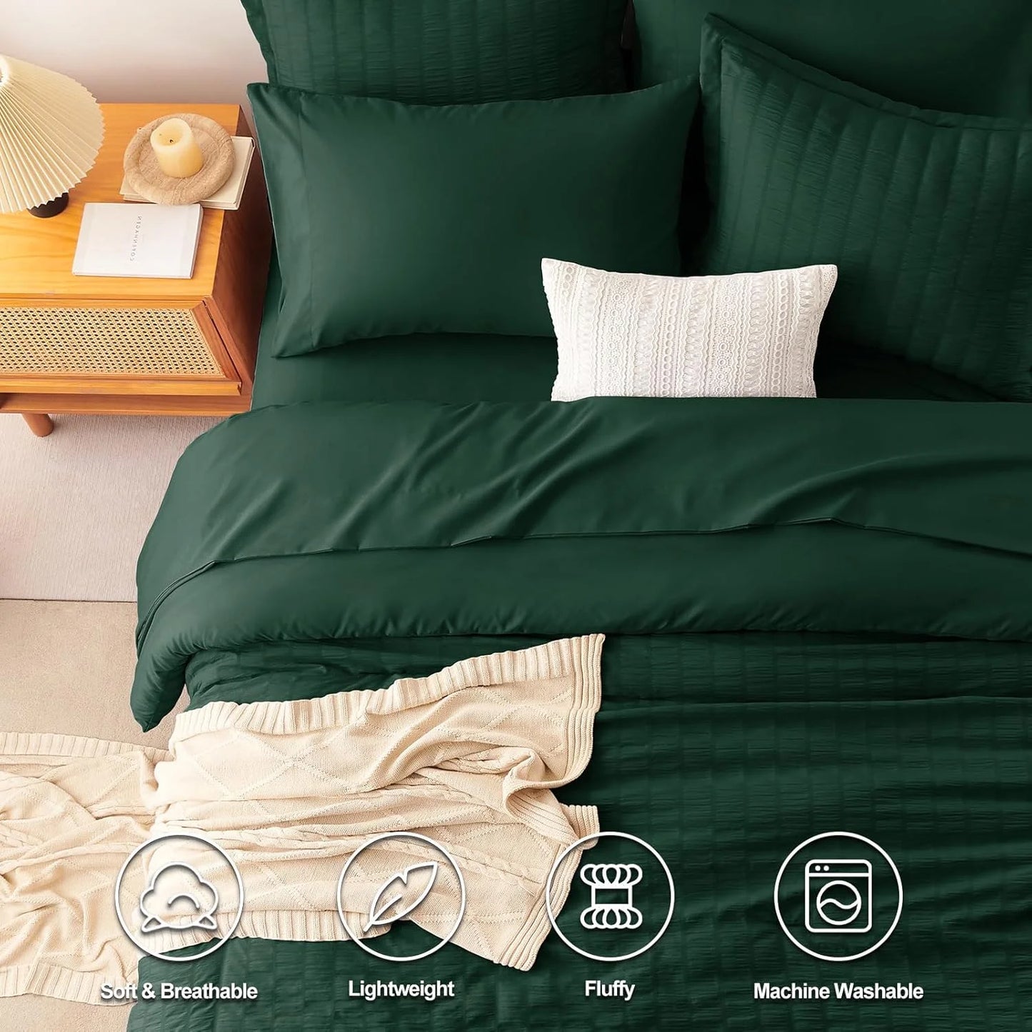 Emerald Green Seersucker Fabric CozyLux Full Seersucker Comforter Set with Emerald Green Bed in a Bag 7-Piece All Season Bedding Set with Comforter, Pillow Sham, Flat Sheet, Fitted Sheet, Pillowcase, Good Condition condition - View 5