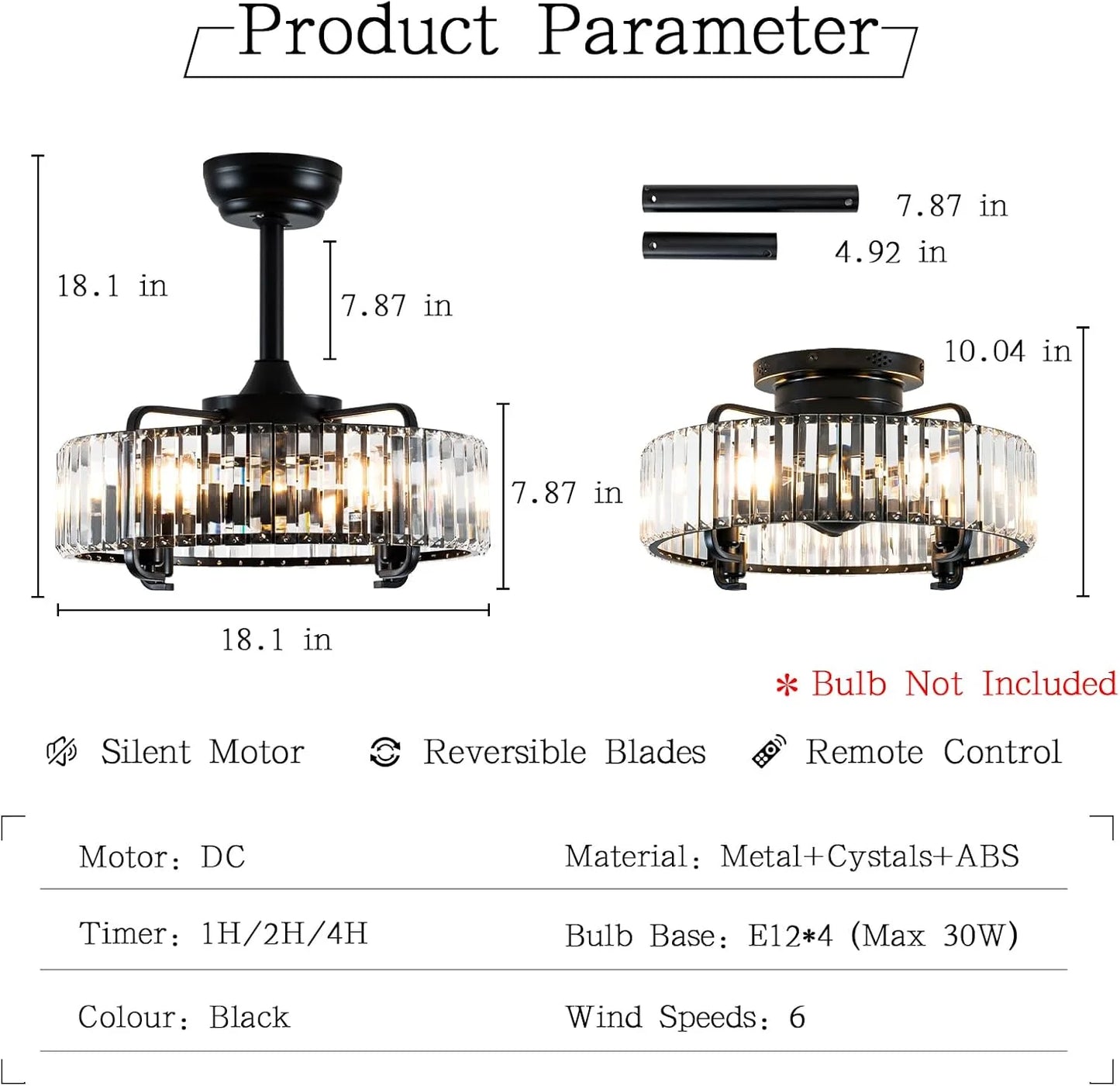 Crystal, White Crystal, Metal Crystal Ceiling Fan with Light Remote 6-Speed Silent Flush Mount DC Motor, Good Condition condition - View 6