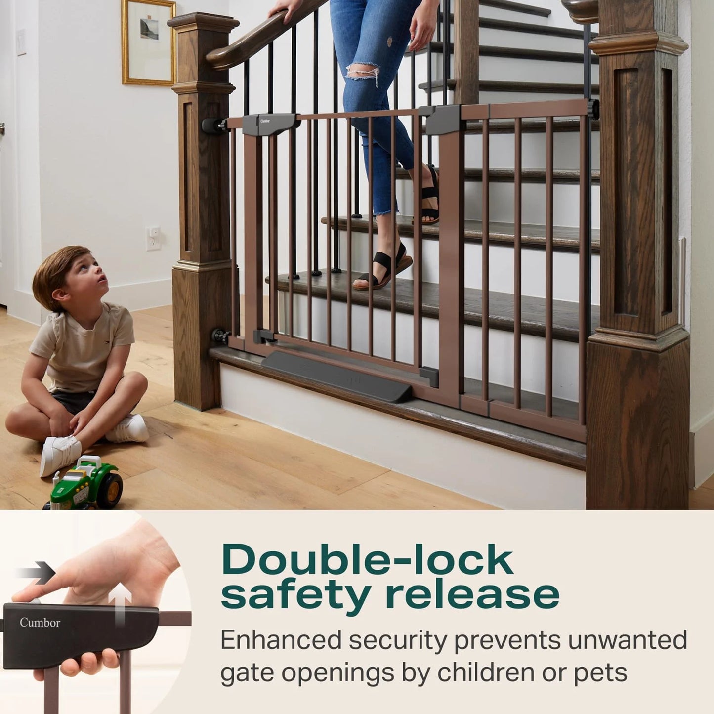 Brown Metal, Plastic Cumbor 29.7-46" Baby Gate for Stairs, Mom's Choice Awards Winner-Auto Close Dog Gate for the House, Easy Install Pressure Mounted Pet Gates for Doorways, Easy Walk Thru Wide Safety Gate for Dog, Brown, Good Condition condition - View 4