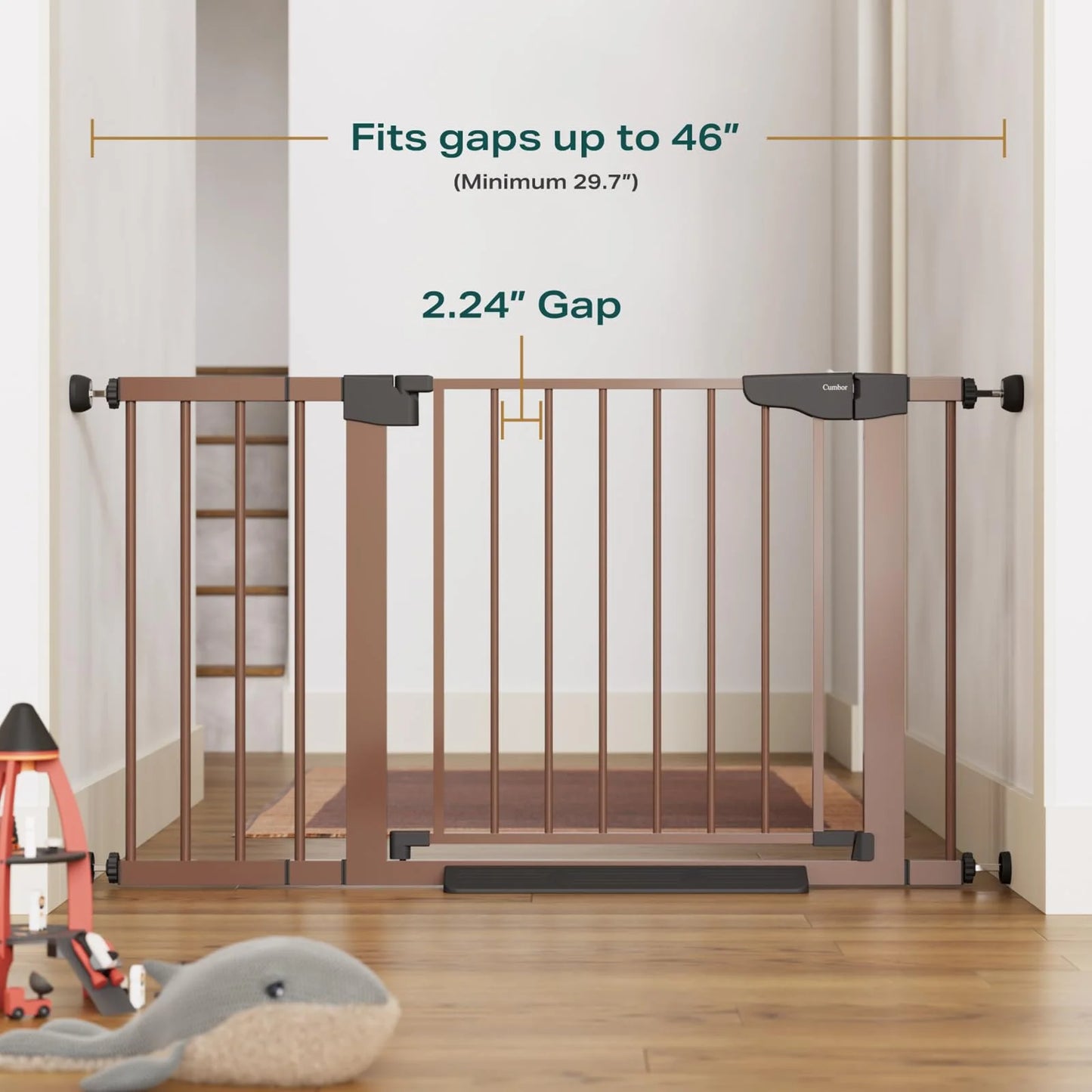 Brown Metal, Plastic Cumbor 29.7-46" Baby Gate for Stairs, Mom's Choice Awards Winner-Auto Close Dog Gate for the House, Easy Install Pressure Mounted Pet Gates for Doorways, Easy Walk Thru Wide Safety Gate for Dog, Brown, Good Condition condition - View 5