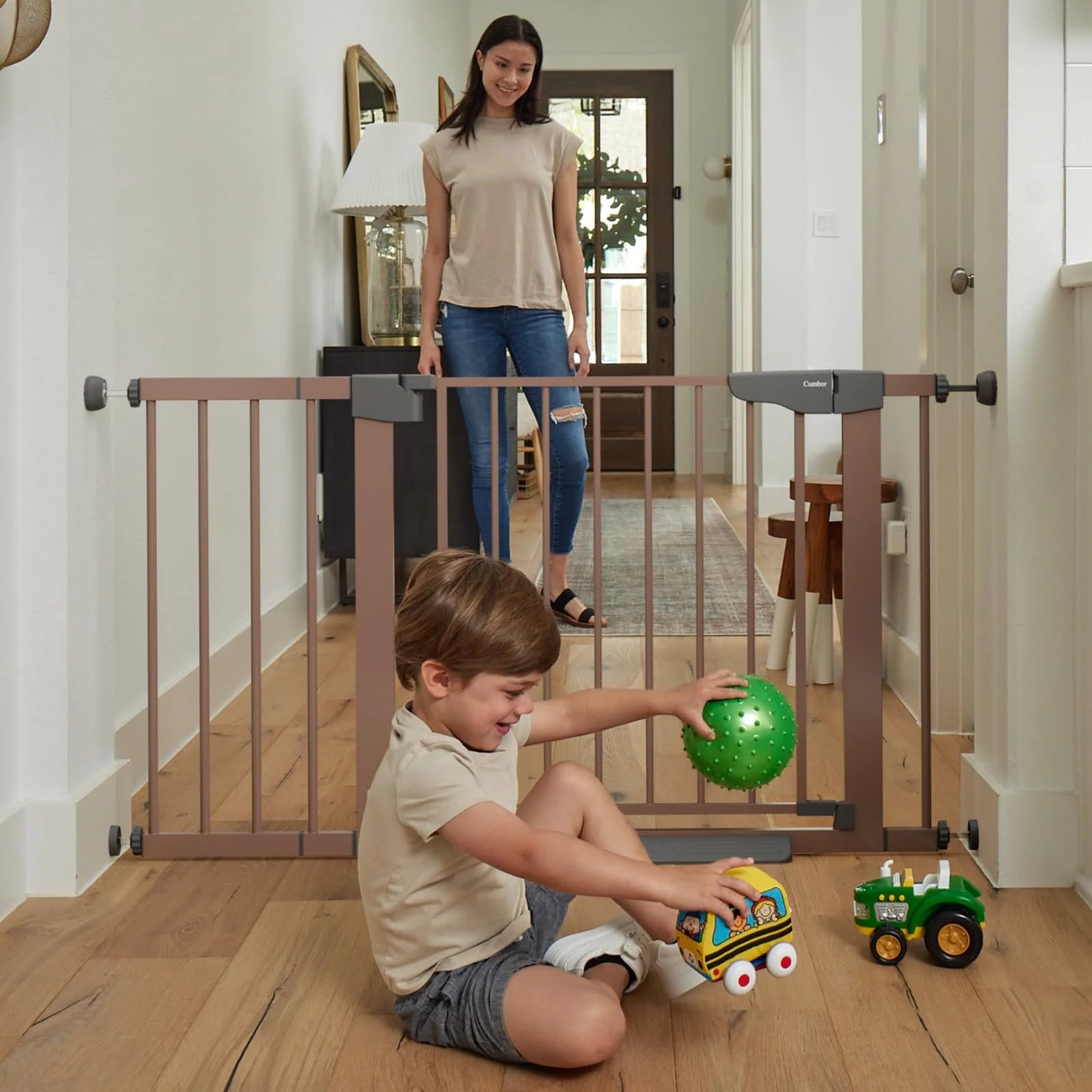 Brown Metal, Plastic Cumbor 29.7-46" Baby Gate for Stairs, Mom's Choice Awards Winner-Auto Close Dog Gate for the House, Easy Install Pressure Mounted Pet Gates for Doorways, Easy Walk Thru Wide Safety Gate for Dog, Brown, Good Condition condition - View 7