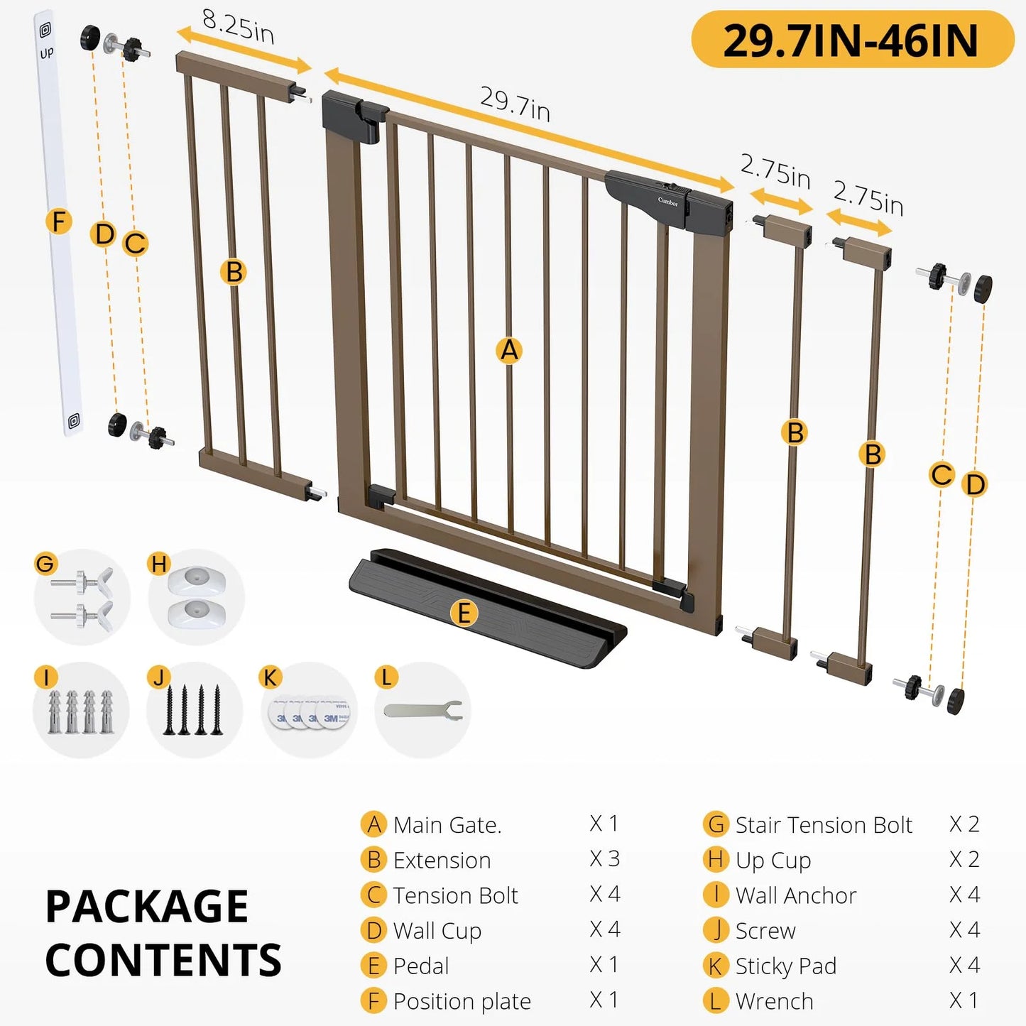 Brown Metal, Plastic Cumbor 29.7-46" Baby Gate for Stairs, Mom's Choice Awards Winner-Auto Close Dog Gate for the House, Easy Install Pressure Mounted Pet Gates for Doorways, Easy Walk Thru Wide Safety Gate for Dog, Brown, Good Condition condition - View 8