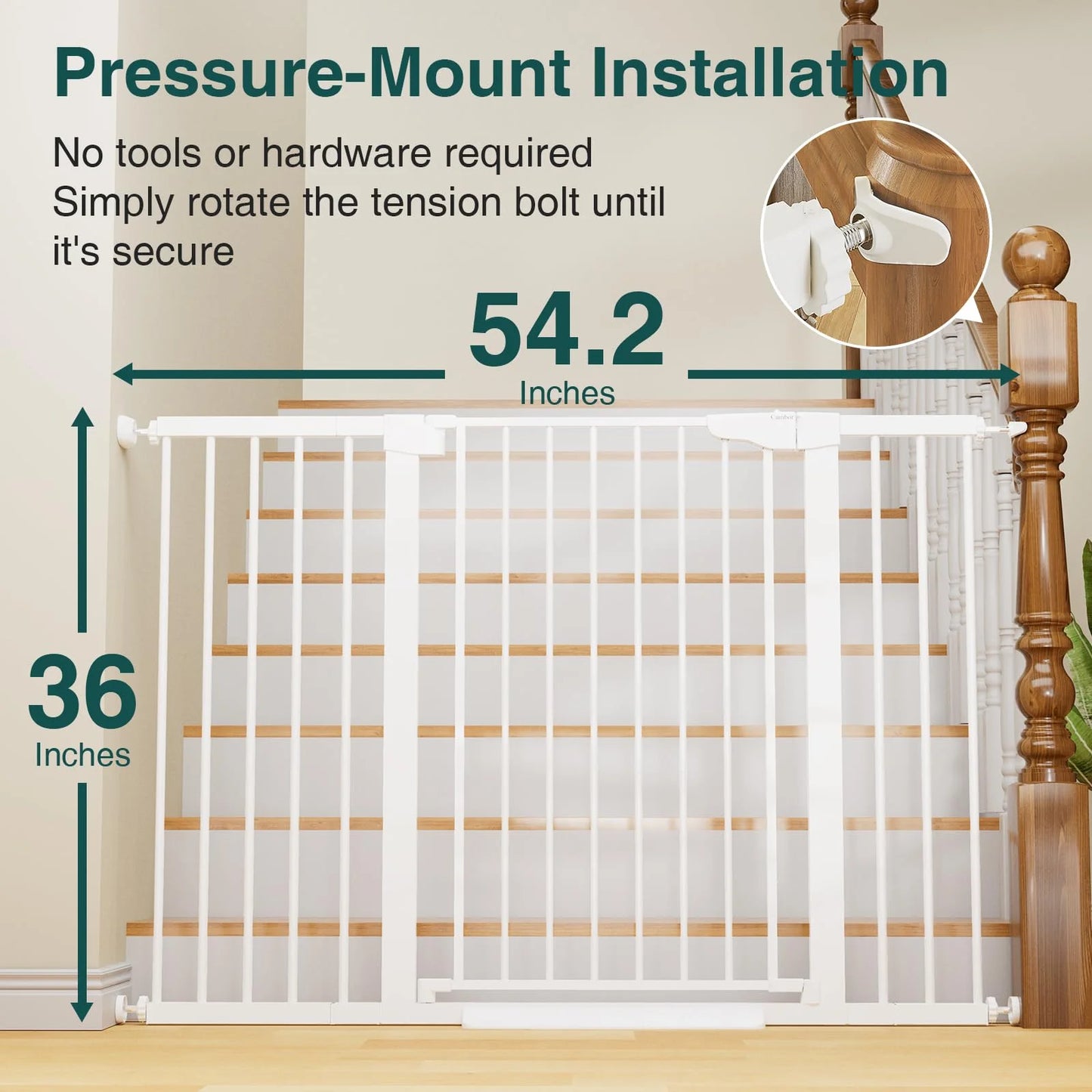 White Sturdy Construction Cumbor 36" Extra Tall Baby Gate for Stairs, 29.7-54.2" Extra Wide Dog Gate for Doorways Hallways, Pressure Mounted Child Gate for Wide Opening, Auto Close Personal Safety for Babies and Pets, White, Good Condition condition - View 3
