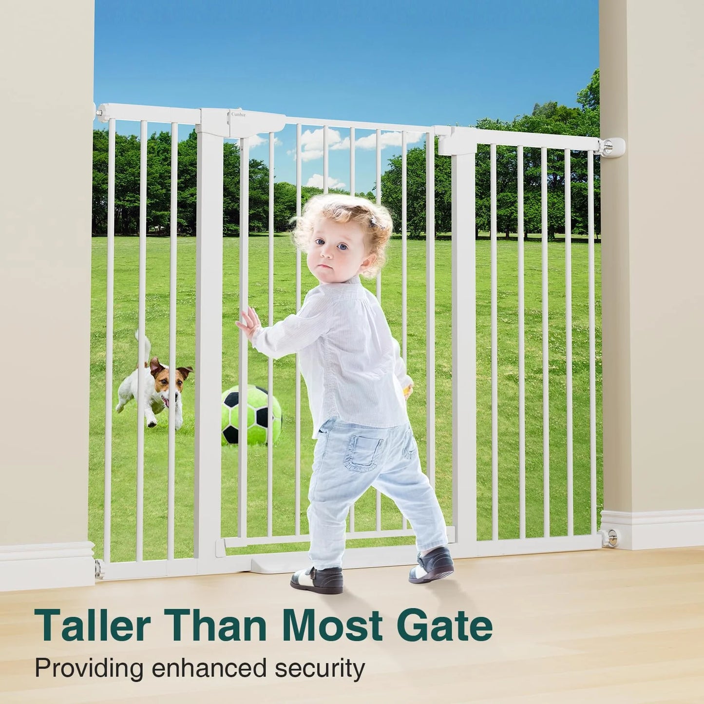 White Sturdy Construction Cumbor 36" Extra Tall Baby Gate for Stairs, 29.7-54.2" Extra Wide Dog Gate for Doorways Hallways, Pressure Mounted Child Gate for Wide Opening, Auto Close Personal Safety for Babies and Pets, White, Good Condition condition - View 5