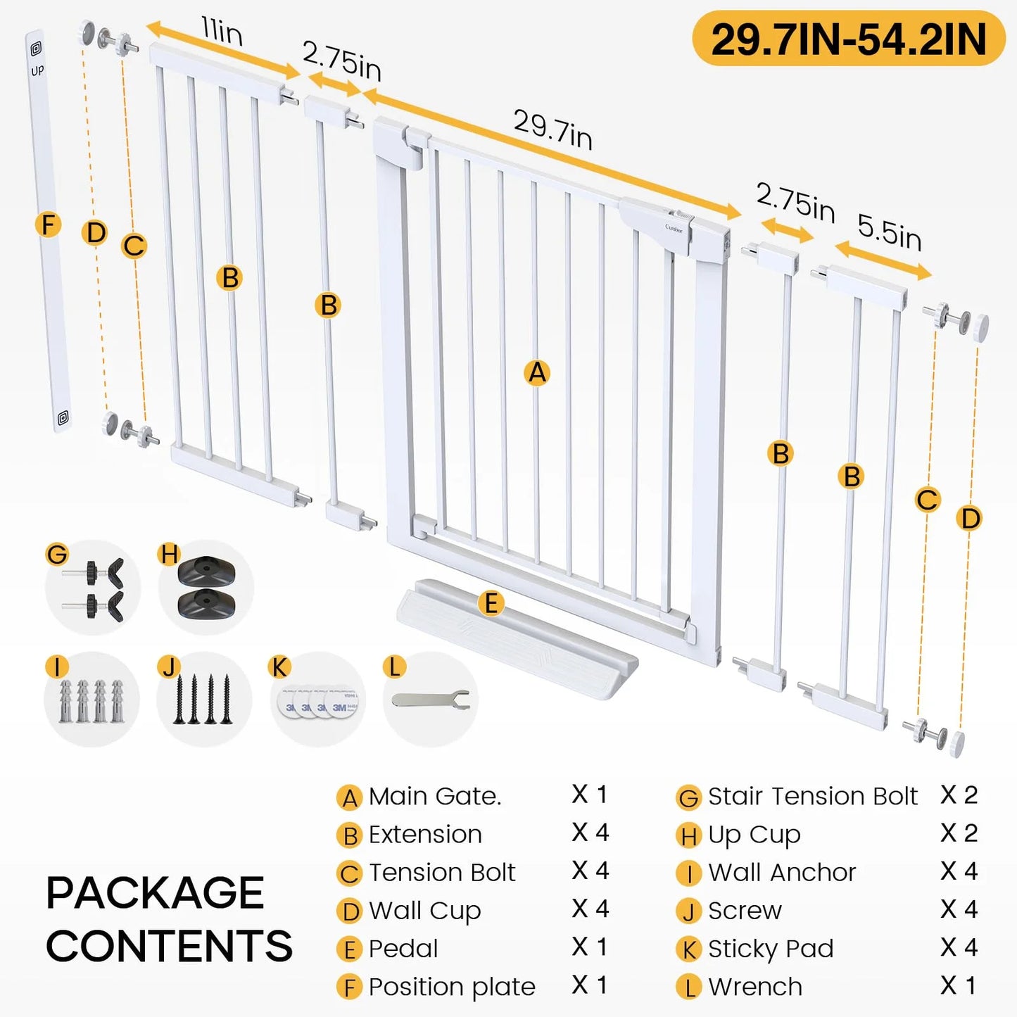 White Sturdy Construction Cumbor 36" Extra Tall Baby Gate for Stairs, 29.7-54.2" Extra Wide Dog Gate for Doorways Hallways, Pressure Mounted Child Gate for Wide Opening, Auto Close Personal Safety for Babies and Pets, White, Good Condition condition - View 8