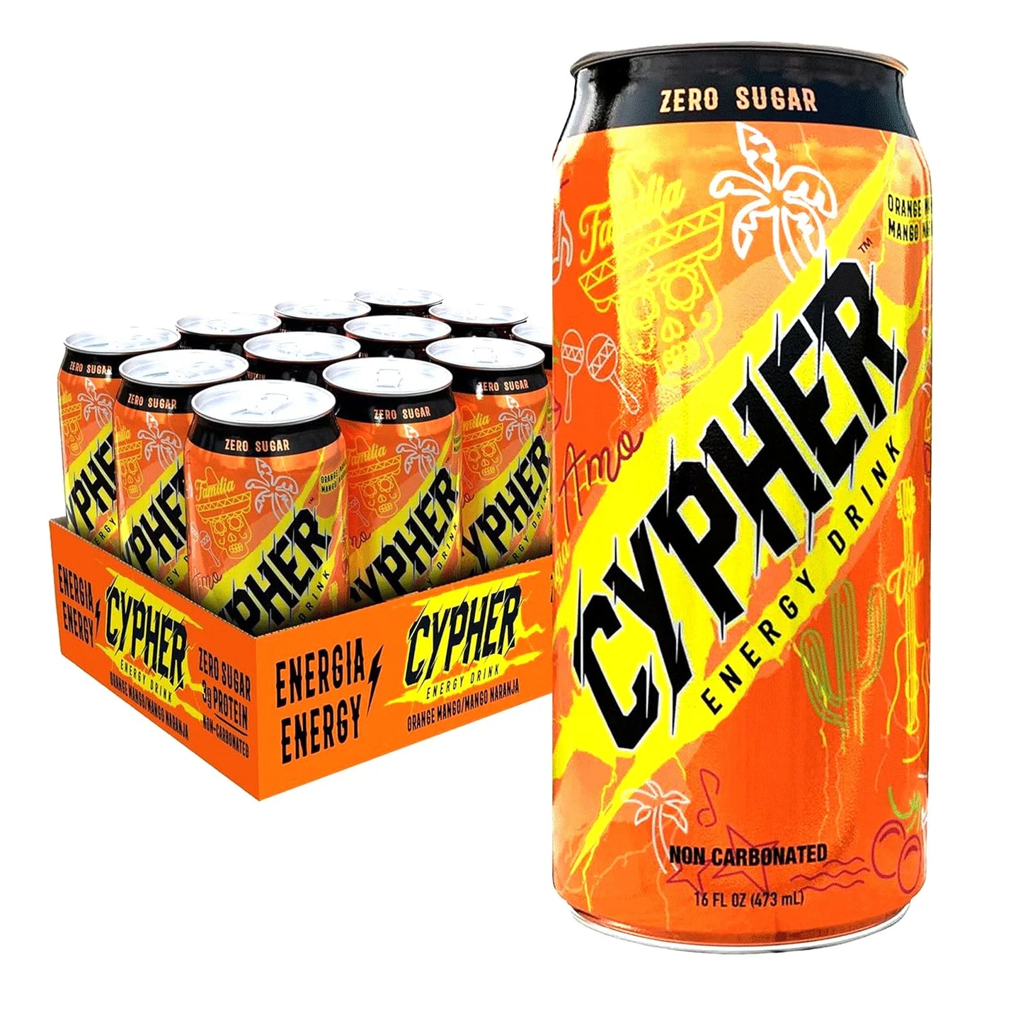 Orange Mango N/A Cypher Orange Mango Zero Sugar Energy Drink - 3g Whey Protein, 0g Sugar, 260 mg Caffeine, Non-Carbonated, High-Performance Sugar Free Drink for Sustained Energy and Focus - 12-Pack,16 oz Cans (BB 7/16/25), Brand New condition - View 1