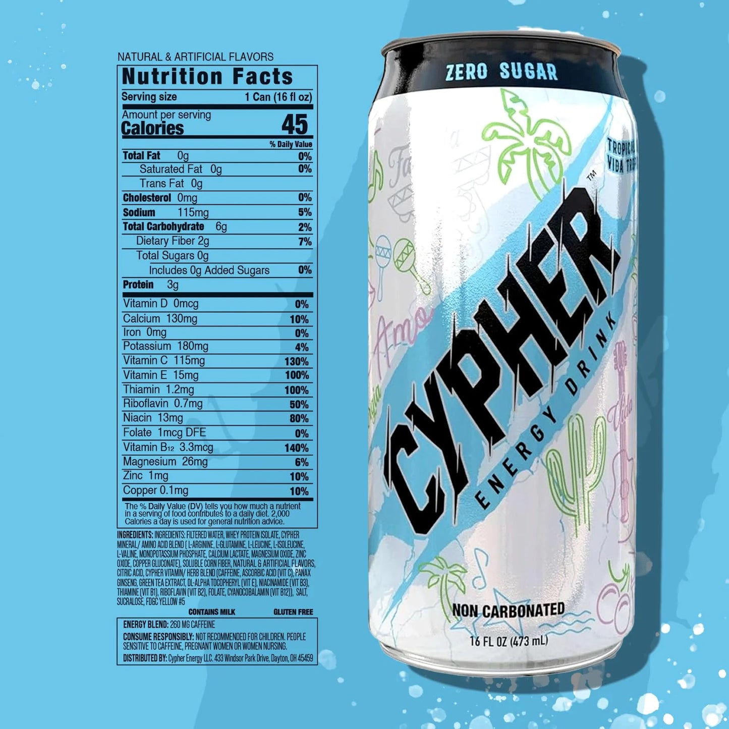 N/A N/A Cypher Tropical Life Zero Sugar Energy Drink - 3g Whey Protein, 0g Sugar, 260 mg Caffeine, Non-Carbonated, High-Performance, Sugar-Free Drink for Sustained Energy and Focus - 12-Pack, 16 oz Cans(BB 7/14/25), Brand New condition - View 5