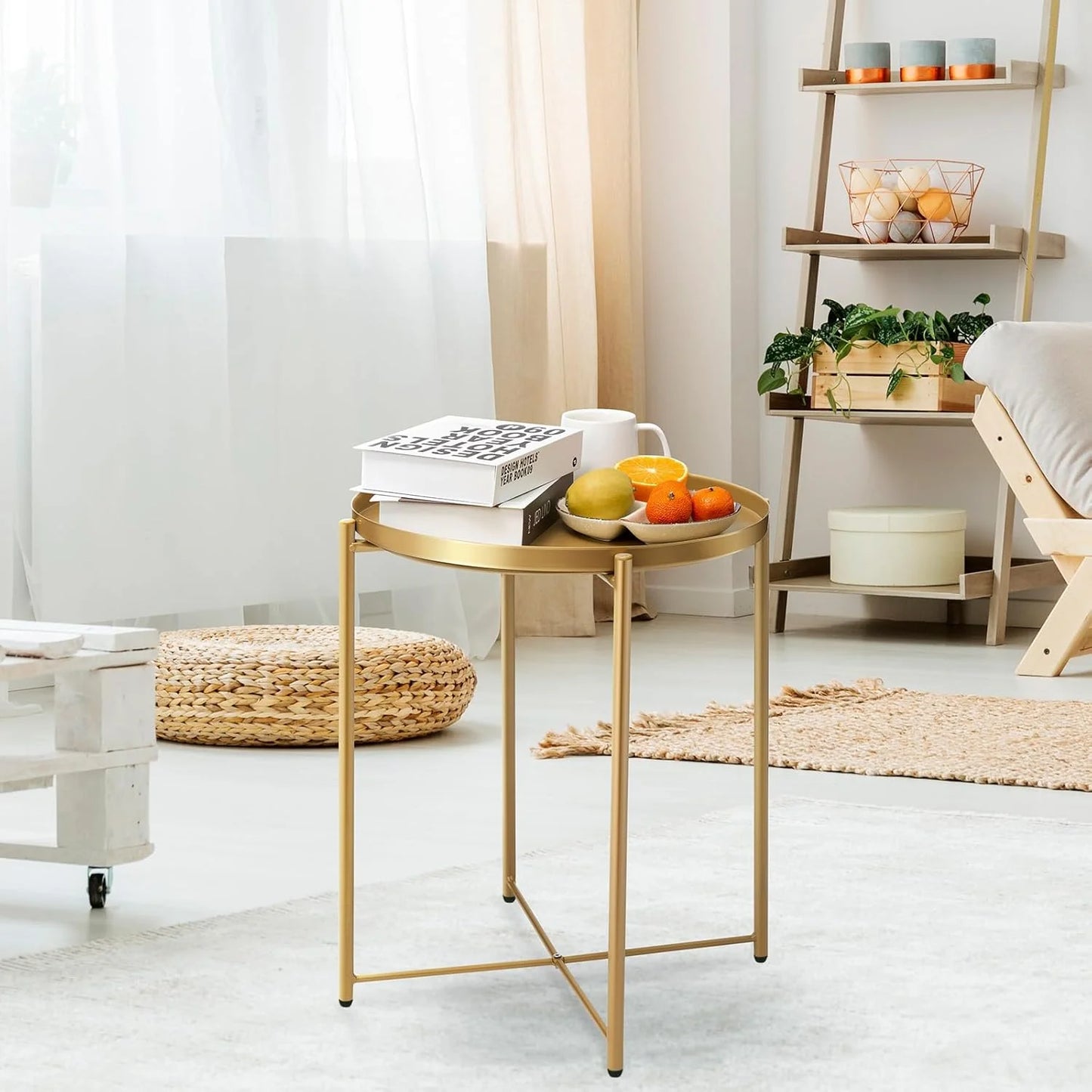 Gold Metal danpinera Gold Side Table, Gold End Table for Small Spaces Outdoor Accent Table Round Metal Patio Coffee Table Waterproof Removable Tray Table for Living Room Bedroom Balcony Office (Gold) Gold 1, Brand New condition - View 5