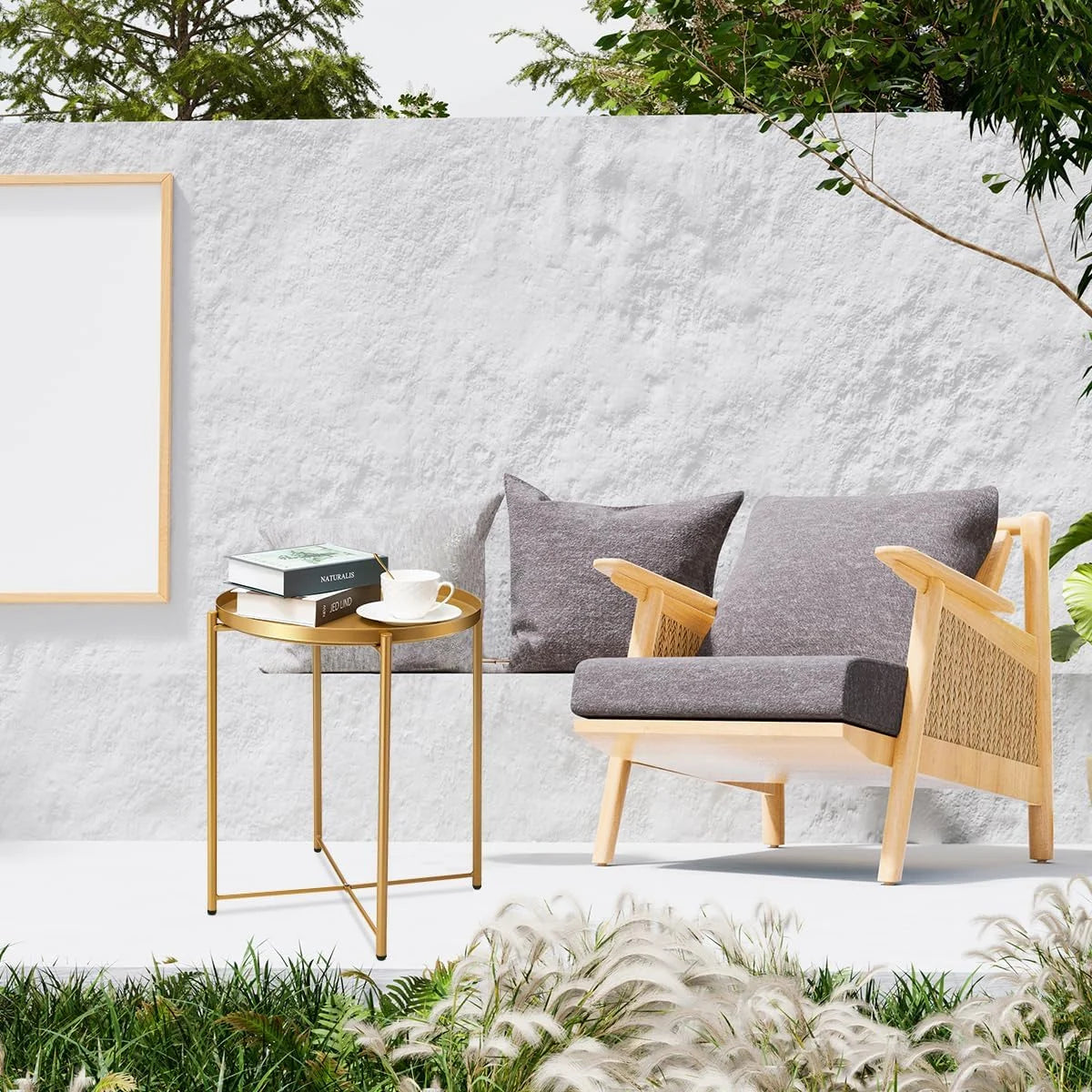 Gold Metal danpinera Gold Side Table, Gold End Table for Small Spaces Outdoor Accent Table Round Metal Patio Coffee Table Waterproof Removable Tray Table for Living Room Bedroom Balcony Office (Gold) Gold 1, Brand New condition - View 6