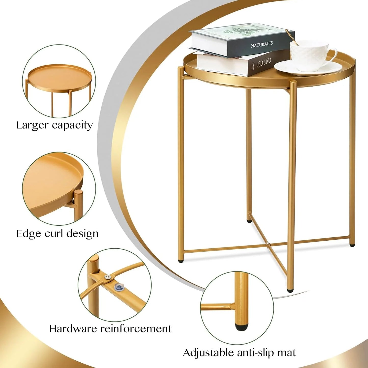 Gold Metal danpinera Gold Side Table, Gold End Table for Small Spaces Outdoor Accent Table Round Metal Patio Coffee Table Waterproof Removable Tray Table for Living Room Bedroom Balcony Office (Gold) Gold 1, Brand New condition - View 7