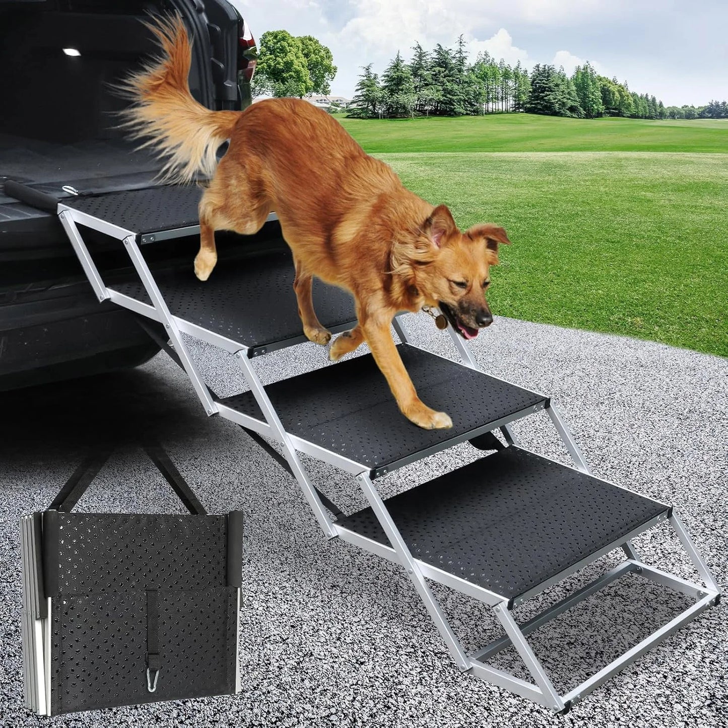 Black N/A DGSL Dog Ramp for Car, Extra Wide 4 Steps Dog Stairs for Truck, Folding Steps for Dogs with Non-Slip Surface, Pet Loader Dog Steps for Large Dog, SUV, Side Door and Bed, Supports Up to 250 Lbs Black 20In-4 Steps, Good Condition condition - View 1