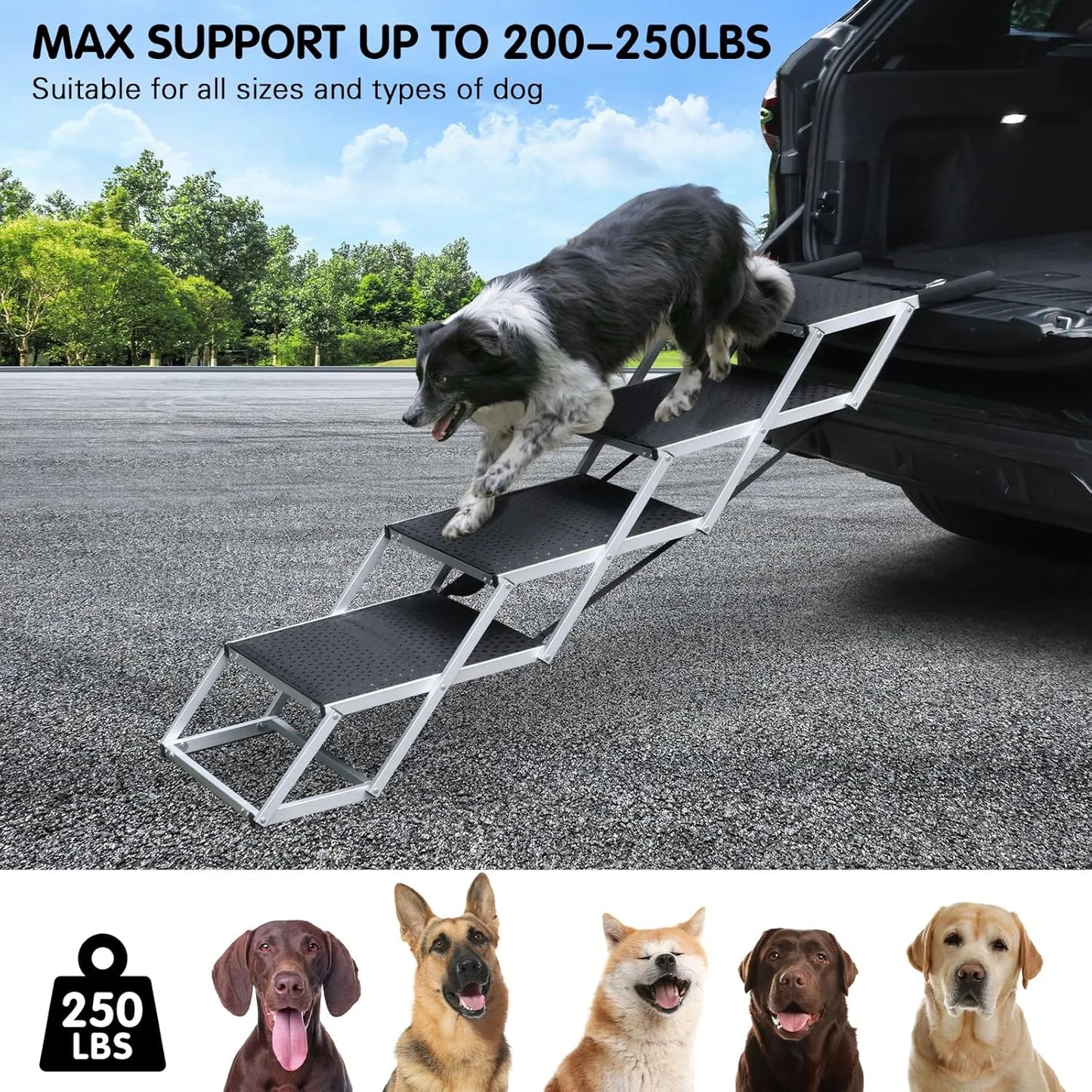 Black N/A DGSL Dog Ramp for Car, Extra Wide 4 Steps Dog Stairs for Truck, Folding Steps for Dogs with Non-Slip Surface, Pet Loader Dog Steps for Large Dog, SUV, Side Door and Bed, Supports Up to 250 Lbs Black 20In-4 Steps, Good Condition condition - View 4