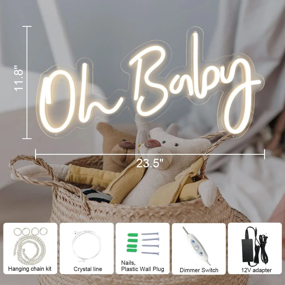 Warm White LED Neon DIVATLA Oh Baby Neon Sign for Baby Shower Decorations, Gender Reveal, Oh Baby Led Sign for Backdrop & Wall Decor, Photo Prop, Gif for Baby New Parents, 24"X12" Warm White, Good Condition condition - View 3
