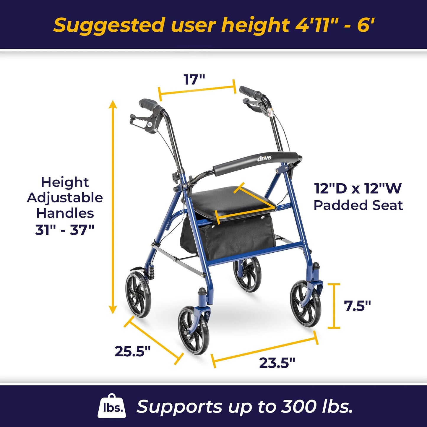 Blue Steel Drive Medical 10257BL-1 4 Wheel Rollator Walker With Seat, Steel Rolling Walker, Height Adjustable, 7.5" Wheels, Removable Back Support, 300 Pound Weight Capacity, Blue, Good Condition condition - View 8
